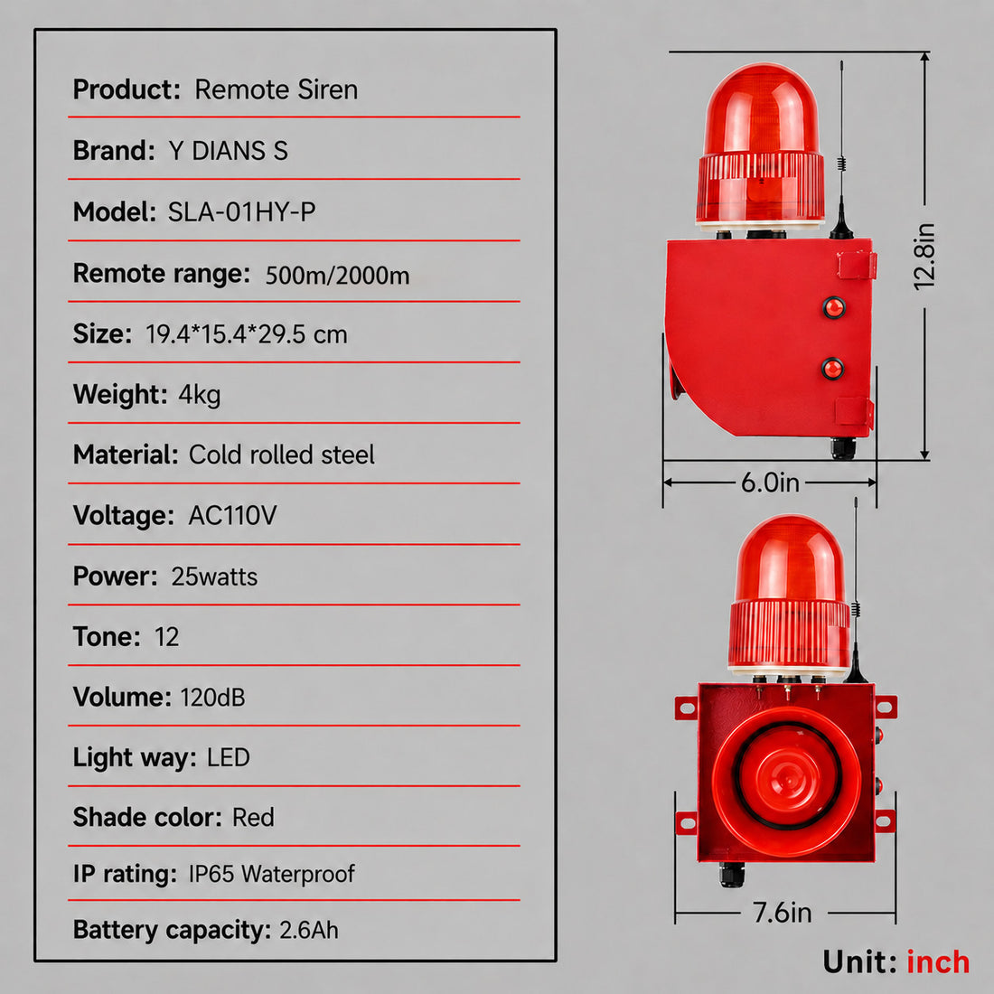 YASONG SLA-01HY-P 120dB Long-Range Wireless Alarm Siren, 500m/2000m Remote, USB Voice Update, 2.6Ah Battery