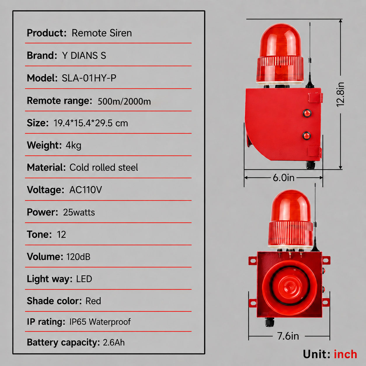 YASONG SLA-01HY-P 120dB Long-Range Wireless Alarm Siren, 500m/2000m Remote, USB Voice Update, 2.6Ah Battery