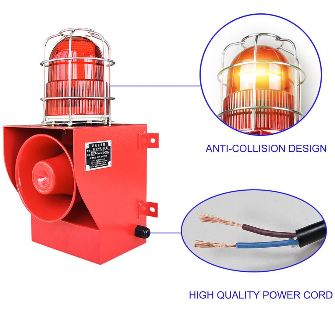 YASONG Sirena de alarma exterior IP66 impermeable anticolisión 130dB Bocina de seguridad con luz estroboscópica para puerto, muelle, fábrica, escuela, hogar SLA-05G