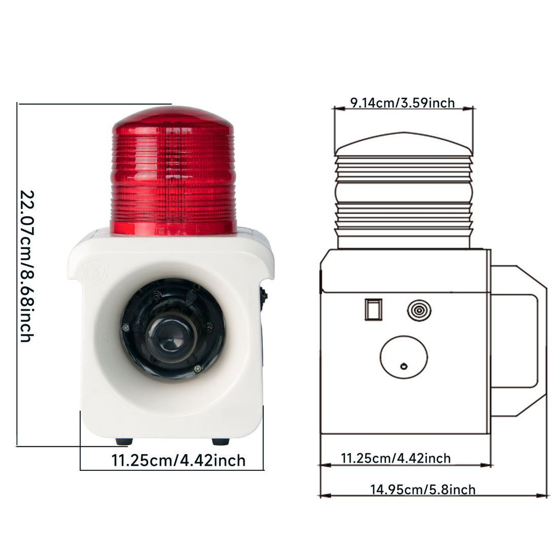 YASONG Alarme portable avec détecteur de mouvement, rechargeable, étanche, 120 dB, 12 tonalités réglables, détecteur de mouvement, sirènes stroboscopiques LED pour maison, ferme, atelier, AC100-240V SLA-800BW