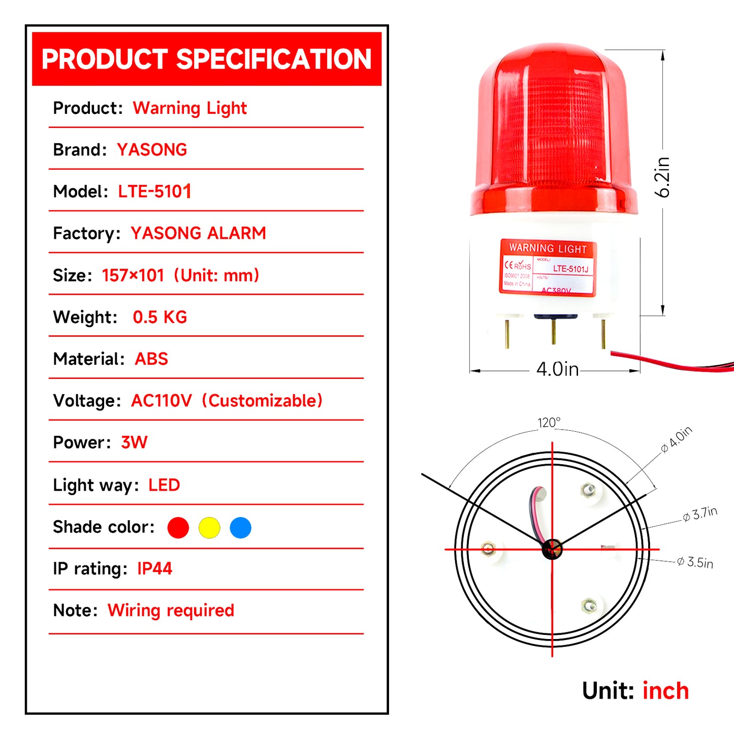 YASONG Beacon Warning Lights Industrial LED Flashing Strobe Light with 90dB Buzzer for Factory, Workshop, Road construction Safety Warning SLA-5101J