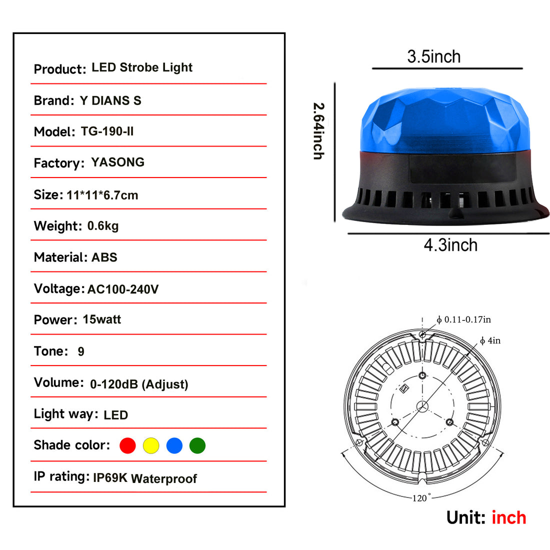 YASONG Luces estroboscópicas IP69K impermeables LED Luz de señalización tipo baliza con bocina de 120dB 2 modos de destello para vehículos, camiones, carretillas elevadoras, talleres DC10V-30V