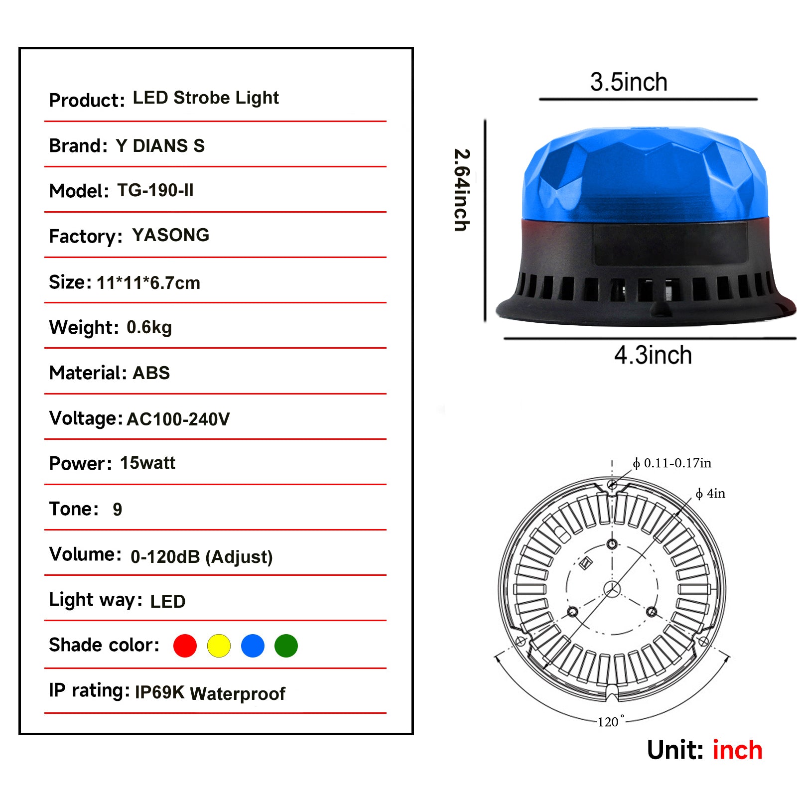 YASONG Luces estroboscópicas IP69K impermeables LED Luz de señalización tipo baliza con bocina de 120dB 2 modos de destello para vehículos, camiones, carretillas elevadoras, talleres DC10V-30V