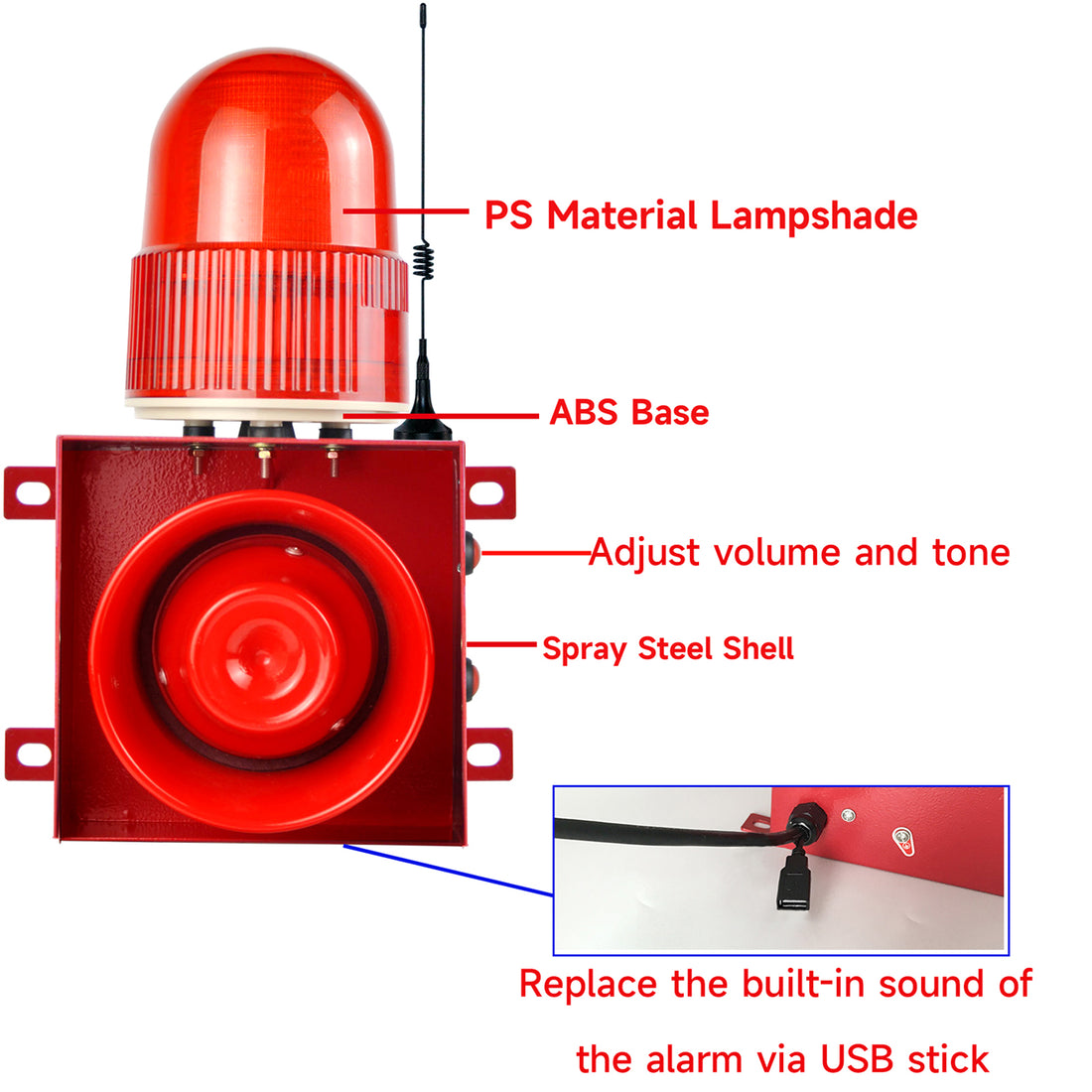 YASONG SLA-01HY-2000-3 120dB Industrial Remote Control Siren, 3 Remotes, 2000m Range, 25W, IP65, USB Audio, LED Strobe