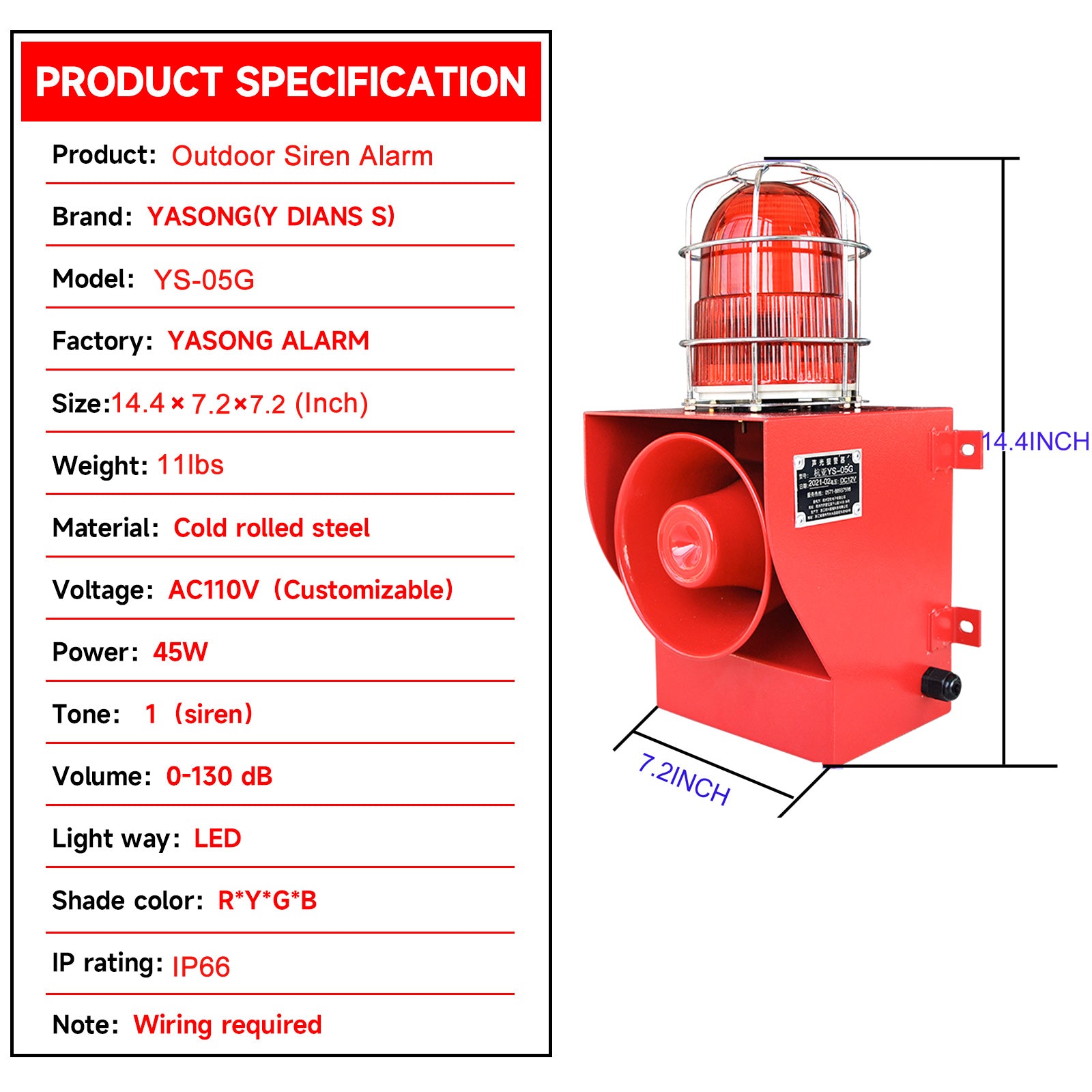 YASONG Sirena de alarma exterior IP66 impermeable anticolisión 130dB Bocina de seguridad con luz estroboscópica para puerto, muelle, fábrica, escuela, hogar SLA-05G