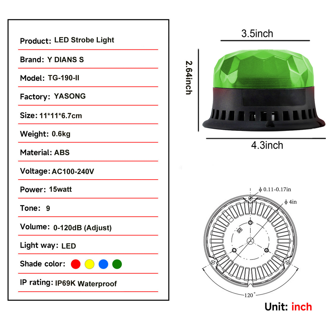 YASONG SLA-190-II 120dB LED Beacon Siren Light, 9 Tones, 2 Flash Modes, AC100-240V, Remote Control