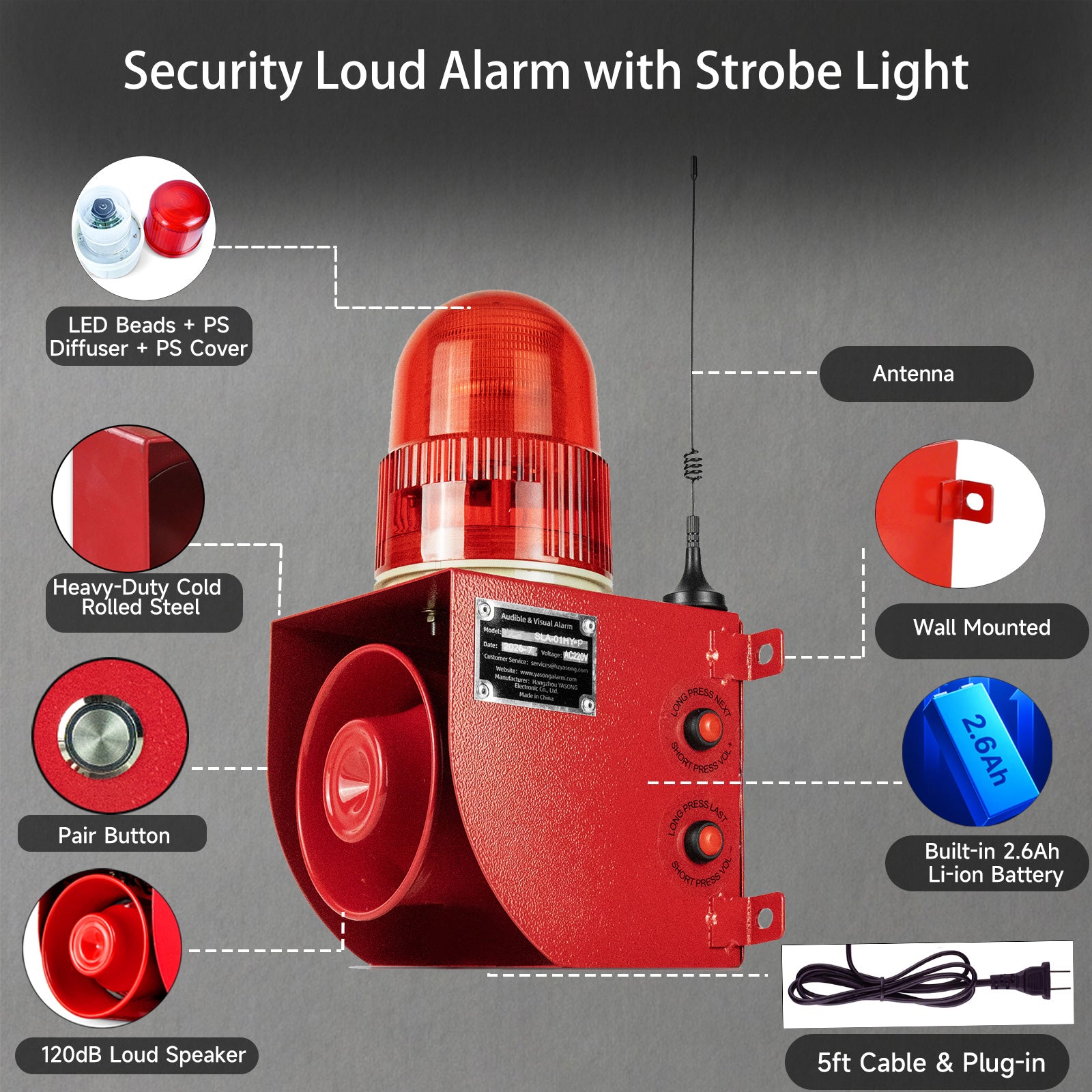 YASONG SLA-01HY-P 120dB Long-Range Wireless Alarm Siren, 500m/2000m Remote, USB Voice Update, 2.6Ah Battery