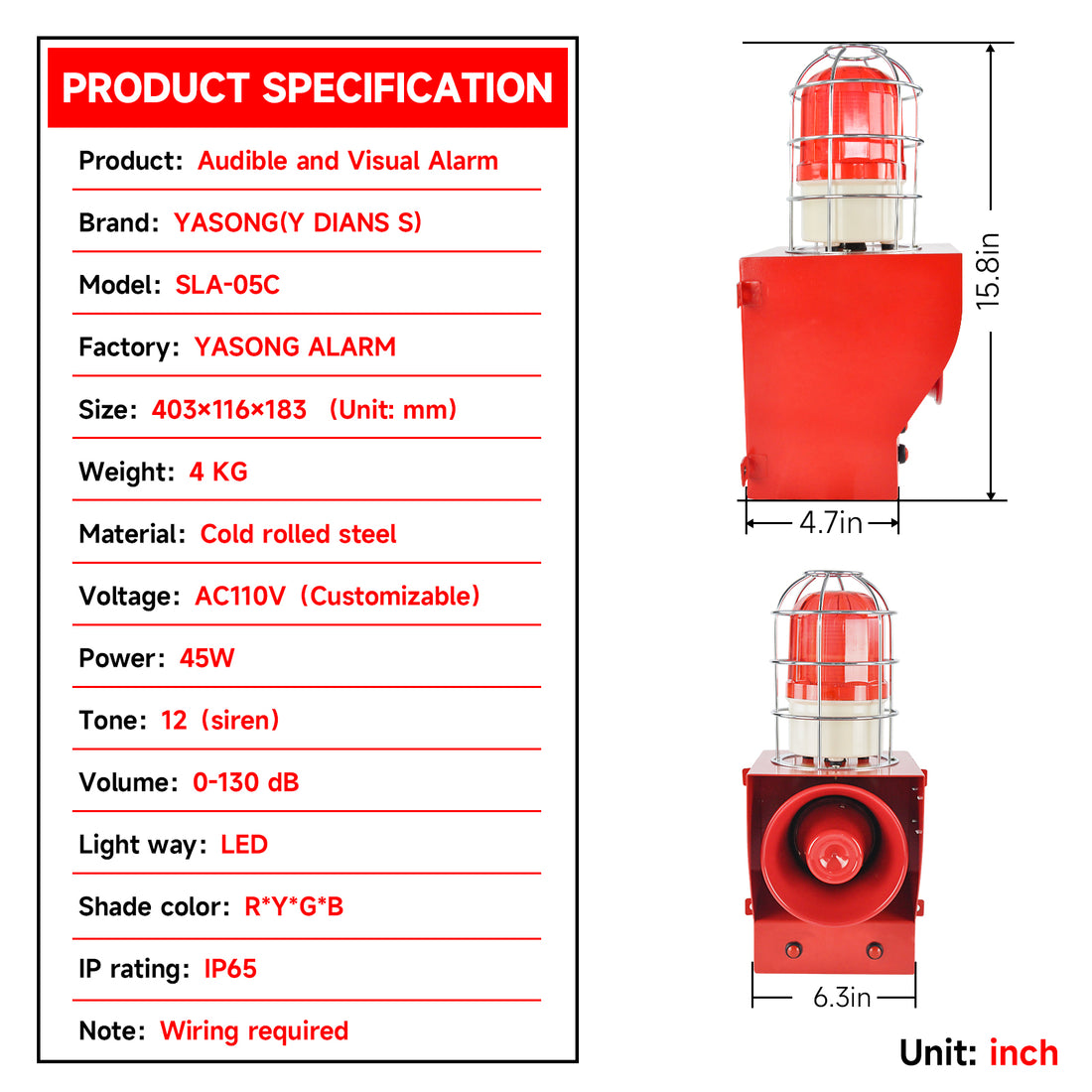 YASONG SLA-05C 130dB High Power Industrial Alarm Siren, Metal Guard, 45W, 12 Tones, IP65, LED Strobe