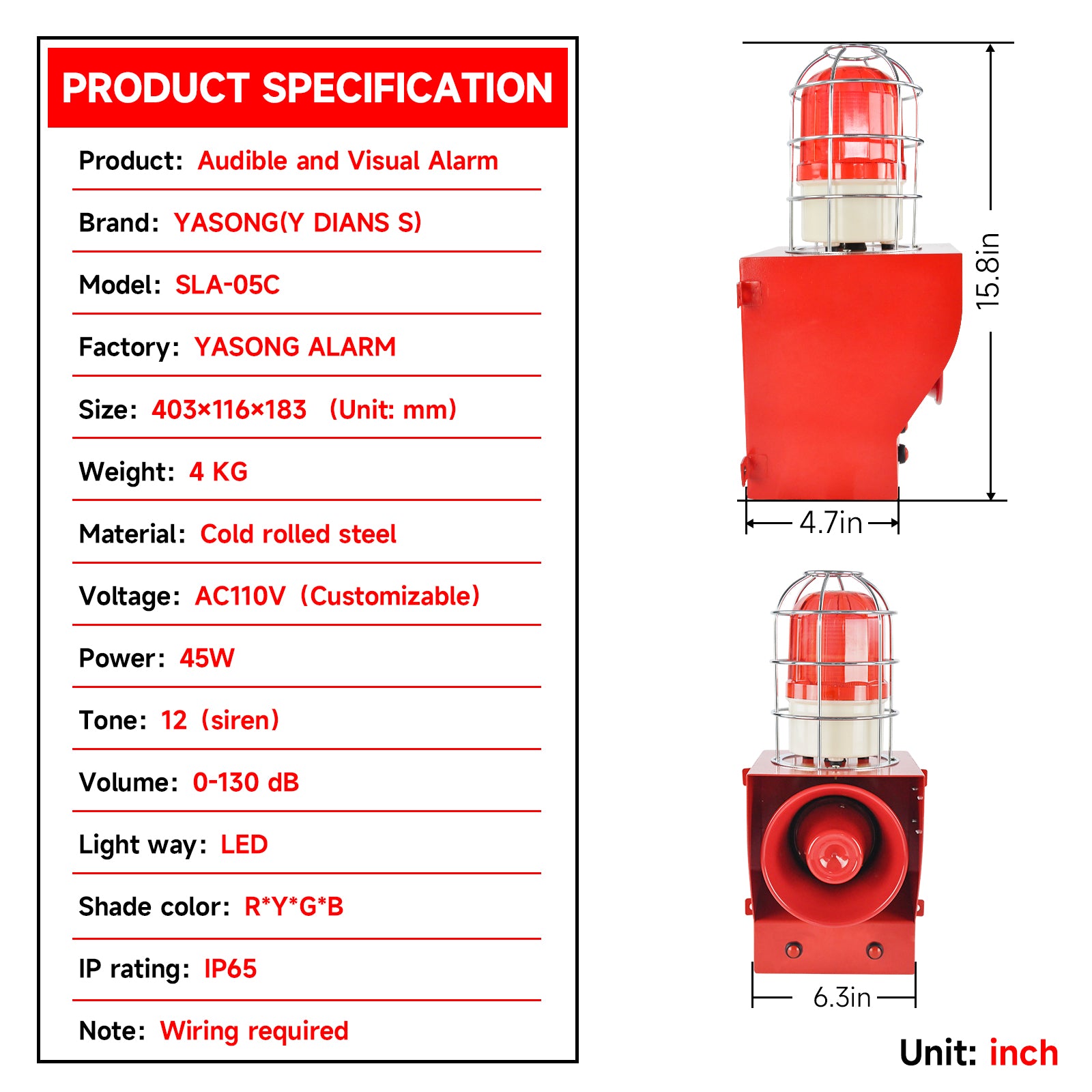 YASONG SLA-05C 130dB High Power Industrial Alarm Siren, Metal Guard, 45W, 12 Tones, IP65, LED Strobe
