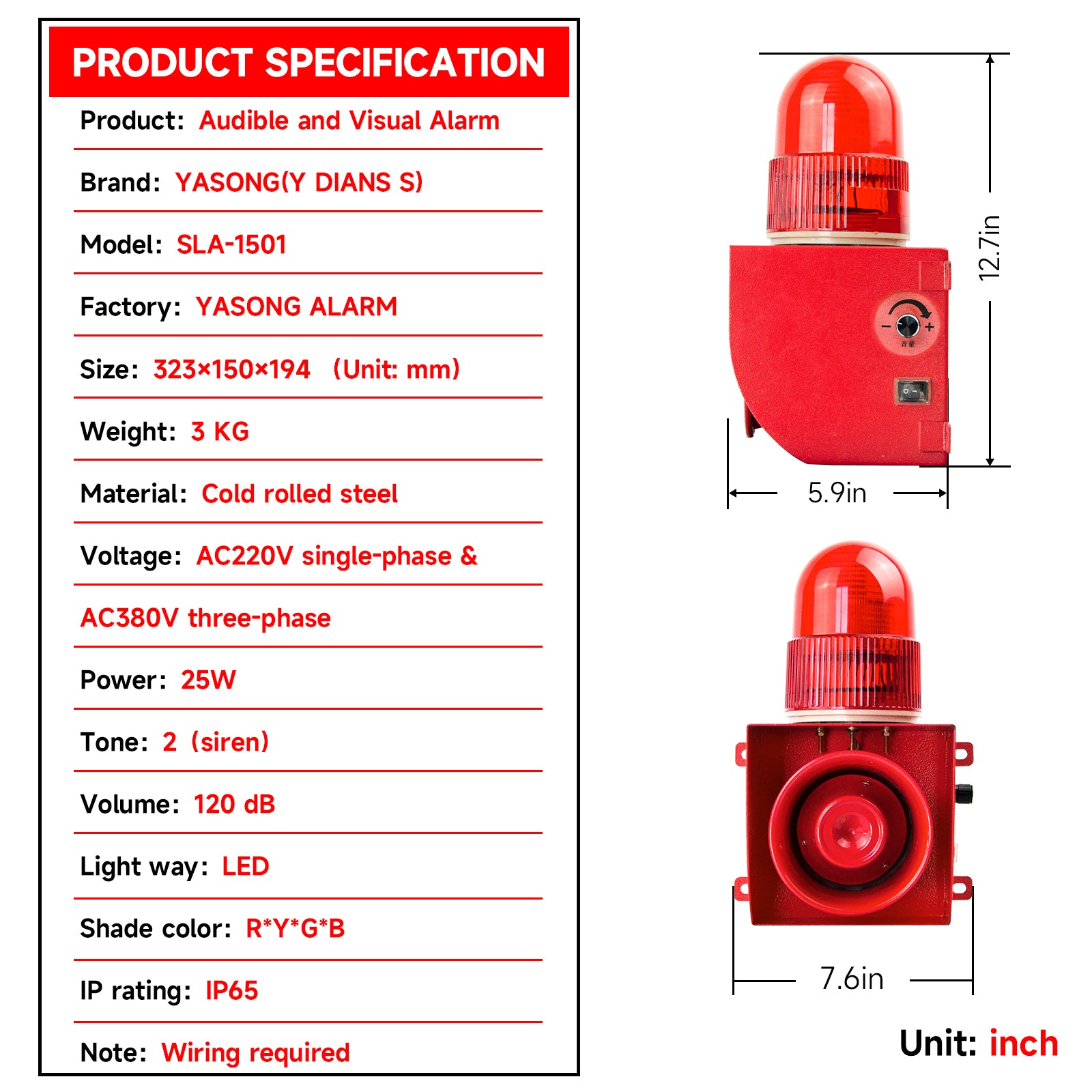 YASONG Alarma de 120 dB con sonido ajustable para cortes/recuperación de energía para granjas, estanques de peces, bancos y seguridad SLA-1501