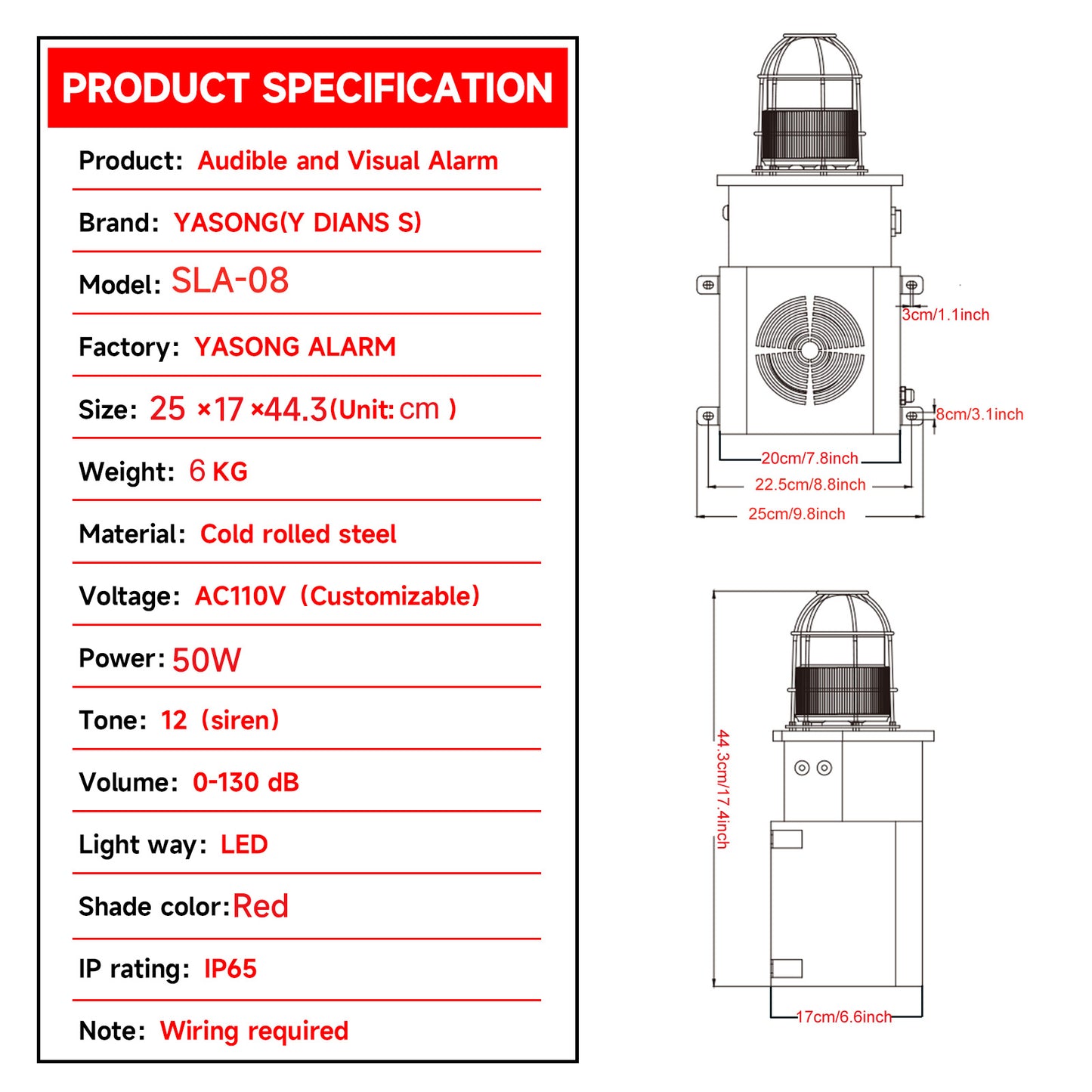 YASONG Alarm Siren  130dB Horn Speaker 50W Adjustable Volume and Tone Anti-collision Outdoor Sirens Alarm System with Strobe Light for Factories, Terminals, Ports Emergency Alarm Range About of 100-150 Meters