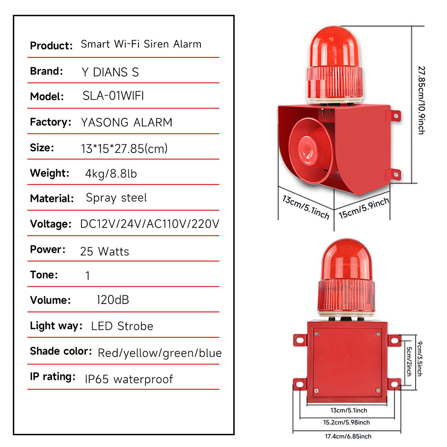 YASONG WiFi Alarm Siren Wireless APP Remote Control Waterproof 120dB Horn 25w Outdoor Security Strobe Siren Alarm System Compatible with Alexa, Google Assistant SLA-01WIFI