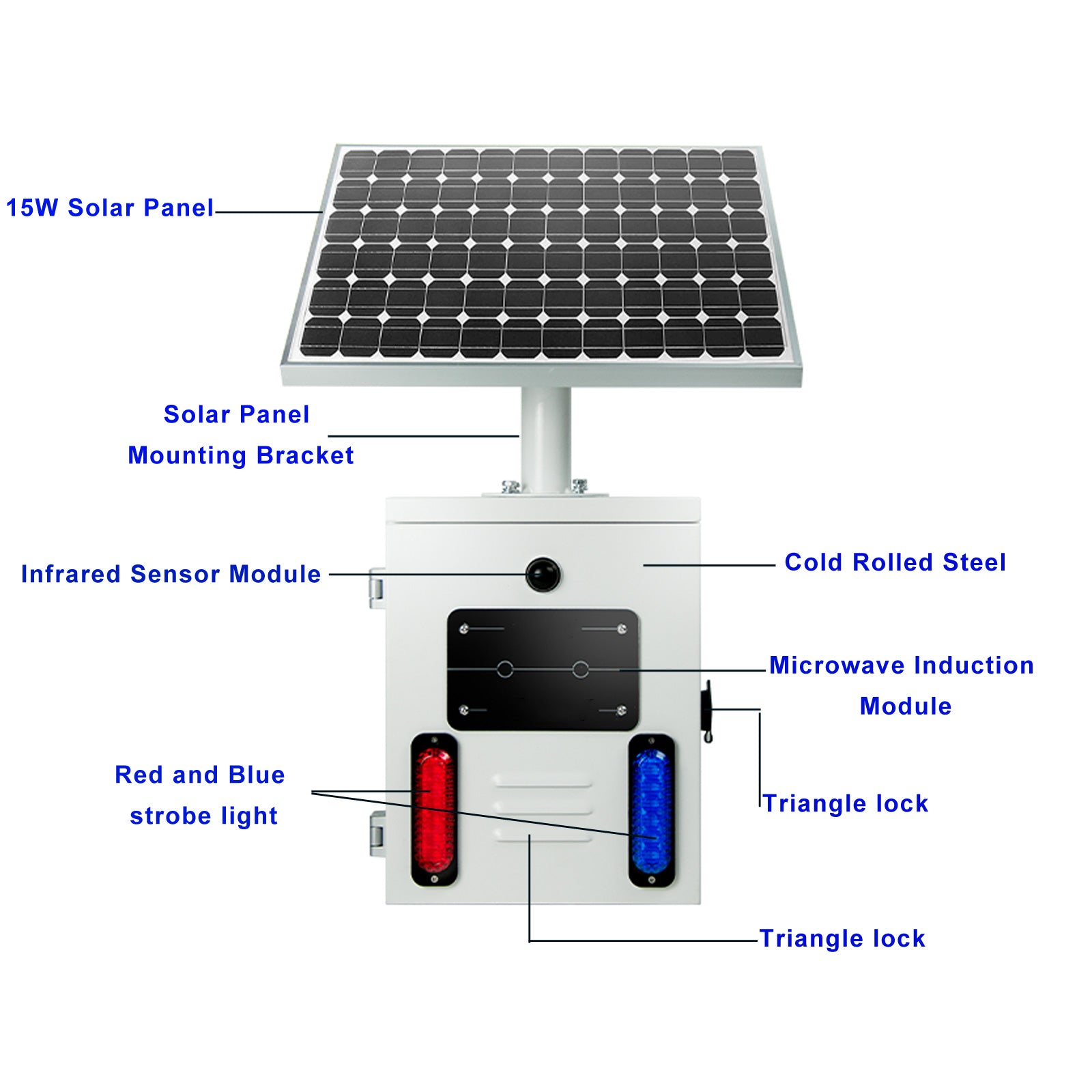 YASONG SLA-TYN01 120dB Solar Motion Sensor Industrial Alarm Siren, Red Blue Strobe, IP65, 17 Tones