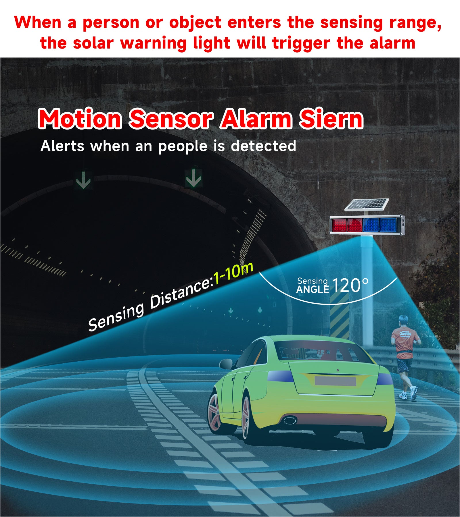 Luz estroboscópica solar con sensor de movimiento YASONG, luz de advertencia, impermeable IP65, luces LED intermitentes rojas y azules de doble cara de 120 dB para tráfico, granja, patio