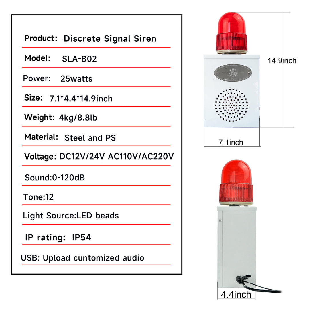 YASONG SLA-B02K 120dB Discrete Signal Alarm Siren, 25W, 12 Tones, IP65, USB Upload, LED Strobe