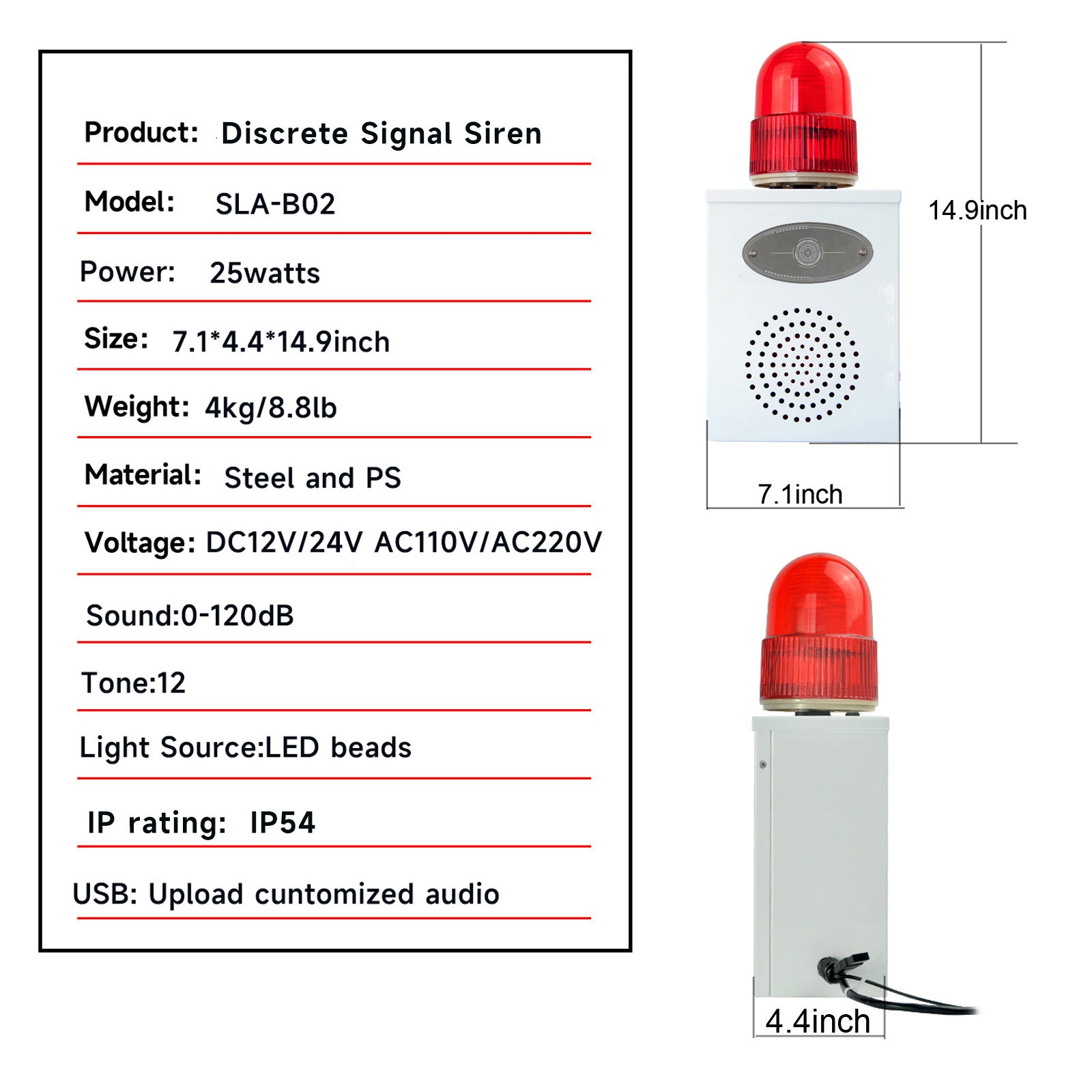 YASONG SLA-B02K 120dB Discrete Signal Alarm Siren, 25W, 12 Tones, IP65, USB Upload, LED Strobe