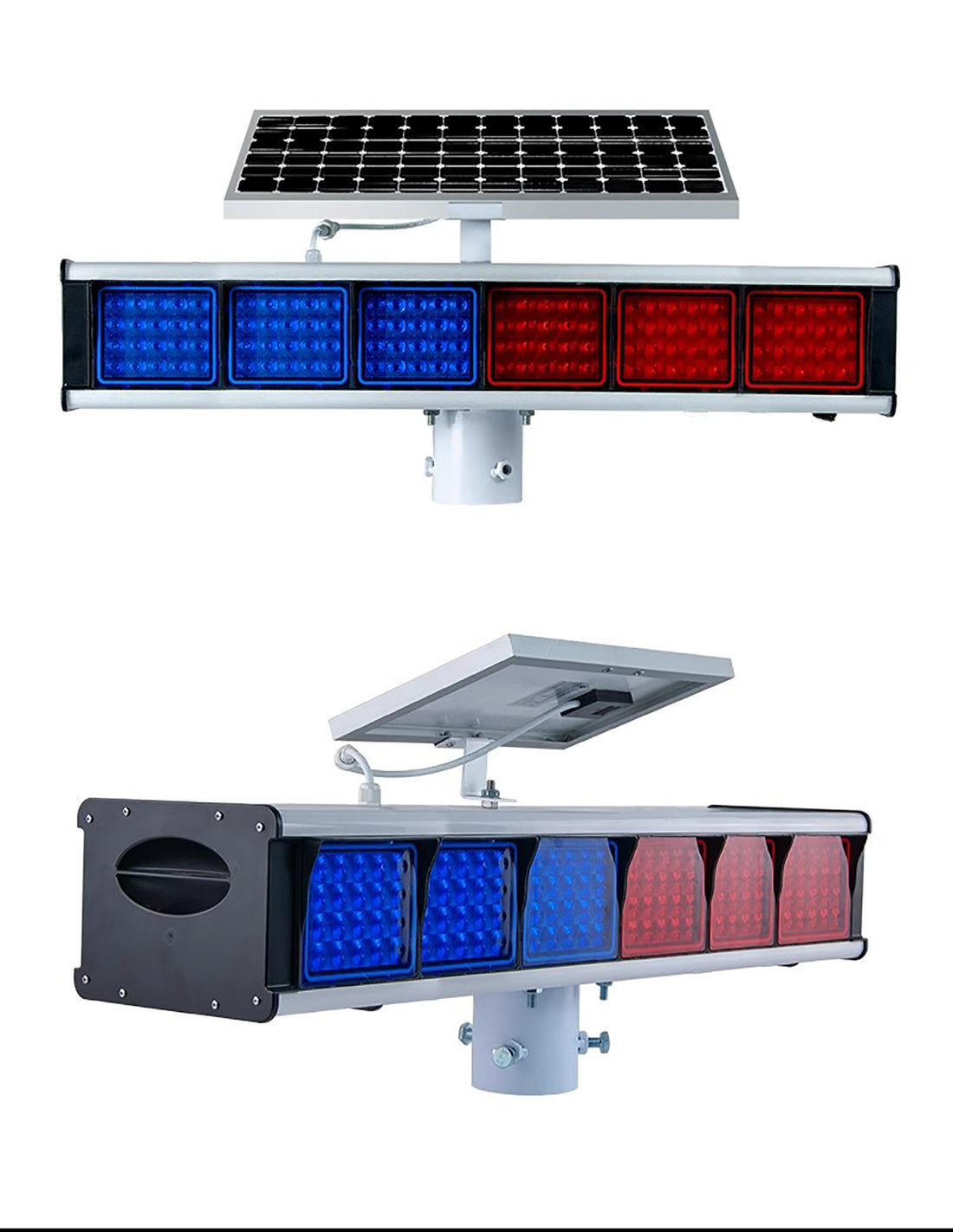 YASONG SLA-X06W 30W Solar Motion Detection Industrial Warning Light, Double-Sided Red Blue Strobe, IP65 Waterproof, 10AH Lithium Battery