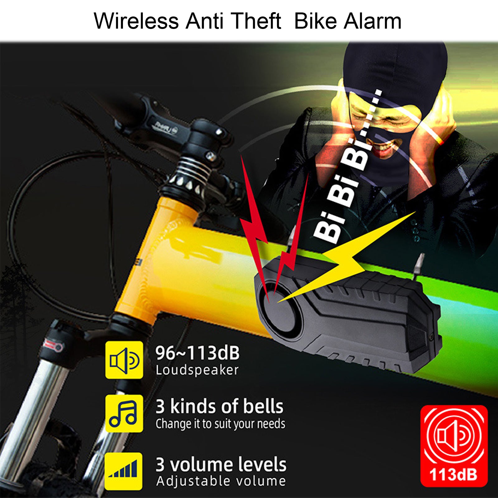 Alarme de vélo sans fil YASONG 113 dB, forte, antivol, à vibrations, pour moto et vélo, étanche, système d'alarme de sécurité pour véhicule avec capteur de vibrations (1 paquet)