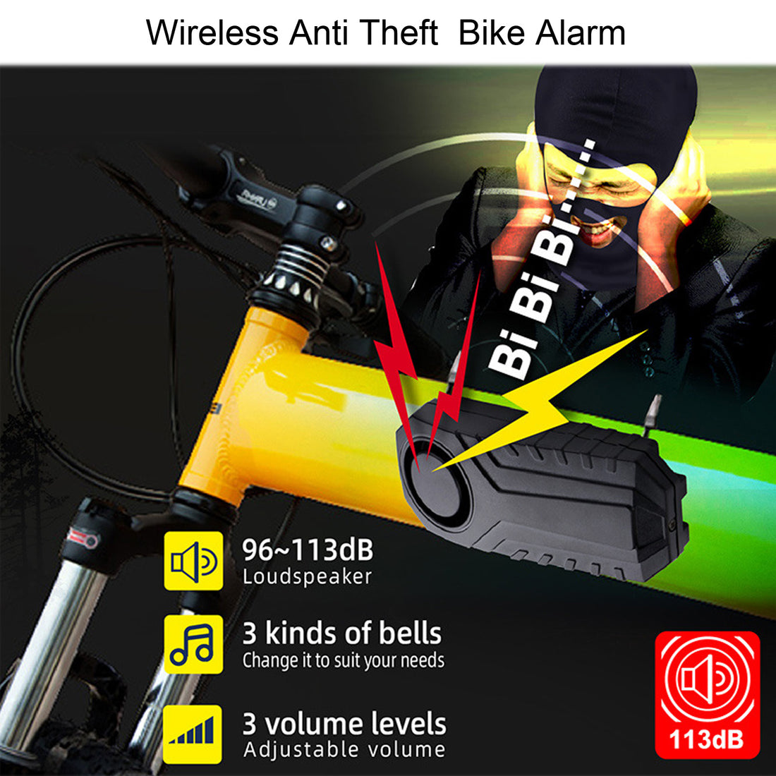 Alarme de vélo sans fil YASONG 113 dB, antivol fort, alarme de moto, système d'alarme de sécurité pour véhicule avec capteur de vibration (pack de 2)