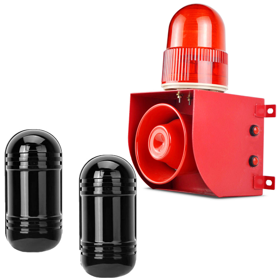 YASONG SLA-01HK+ABT100 120dB Infrared Beam Alarm Kit, 100m Detector, 25W, IP65, USB Audio, LED Strobe