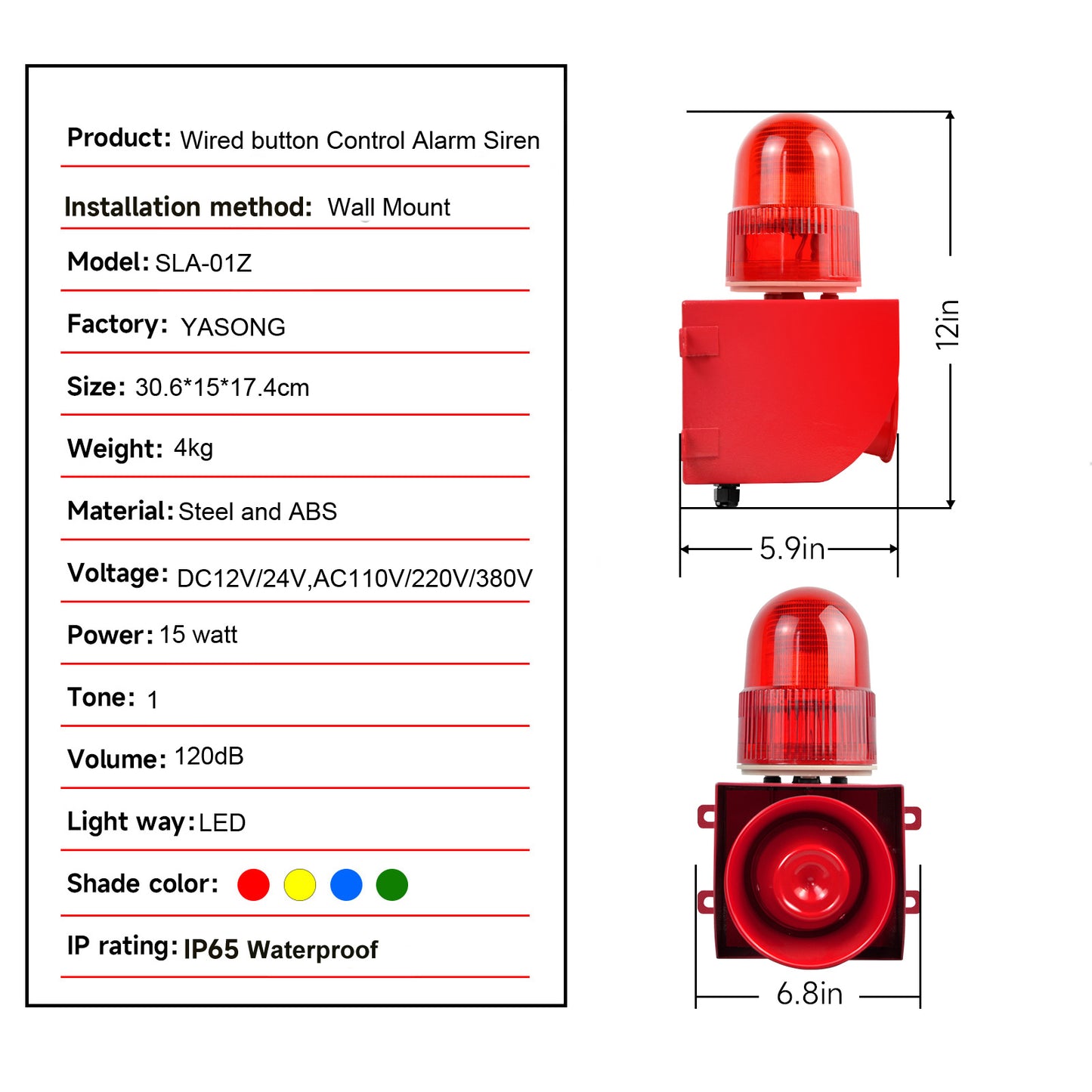 YASONG Alarm Siren with button control box 25W 120dB Loud Horn One Button Linkage Outdoor Security Siren with LED Strobe Light SLA-01Z