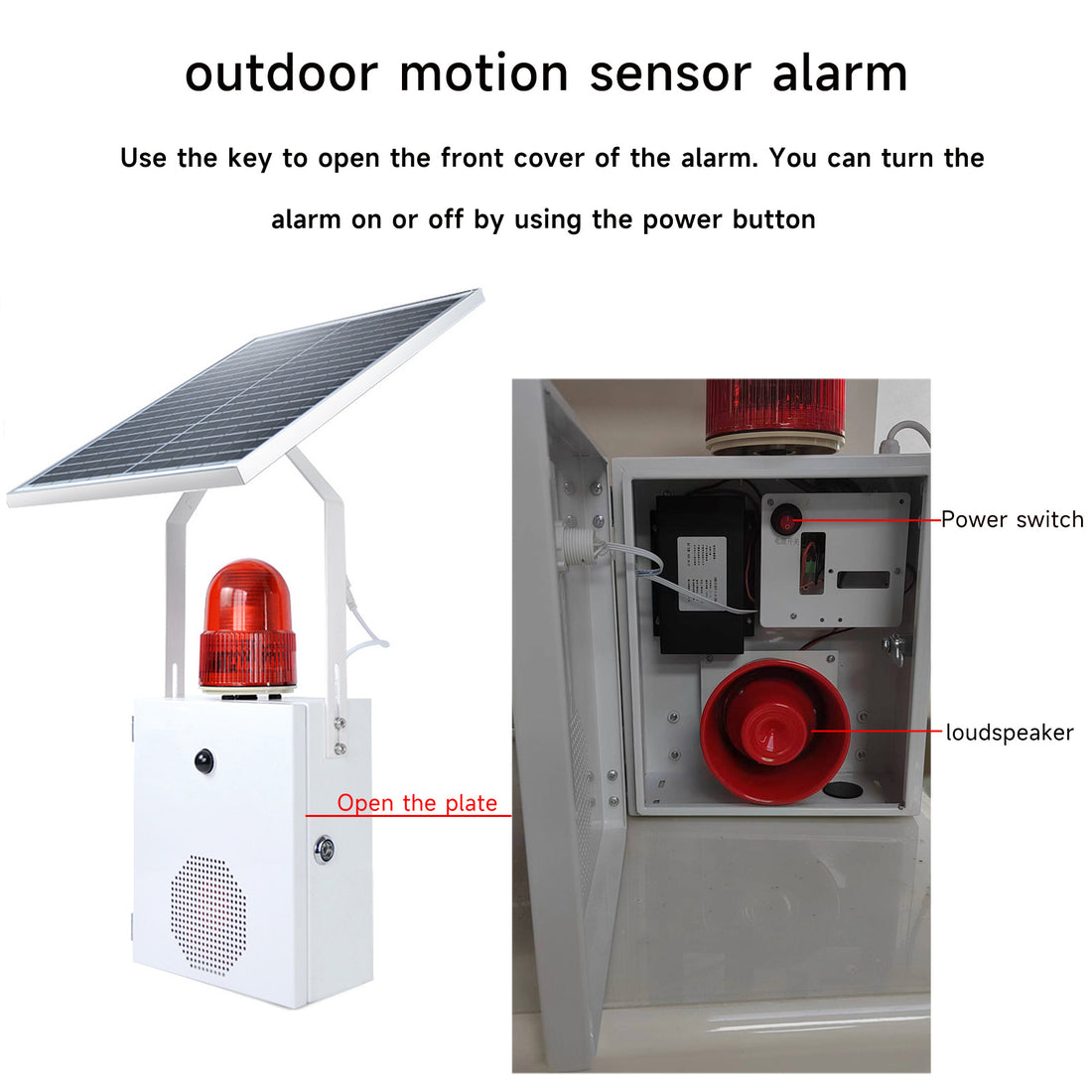 YASONG Alarme solaire à détecteur de mouvement Sirène étanche pour l'extérieur avec lumière stroboscopique, sirène 120 dB SLA-118VS-II