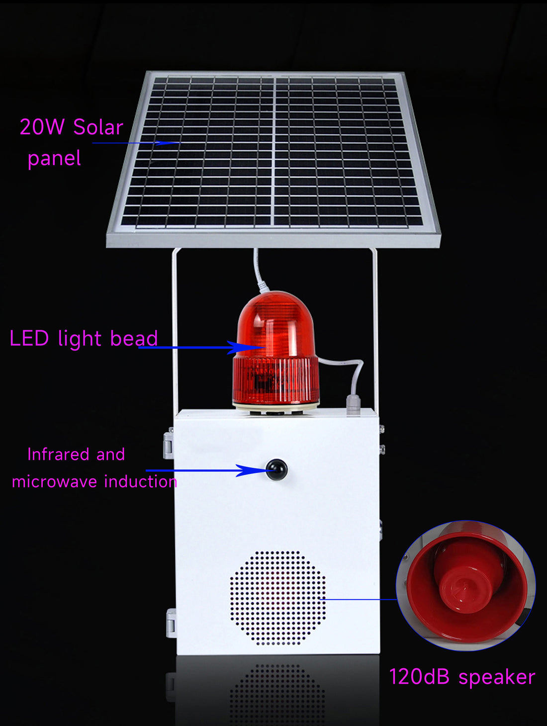 YASONG Alarme solaire à détecteur de mouvement Sirène étanche pour l'extérieur avec lumière stroboscopique, sirène 120 dB SLA-118VS-II