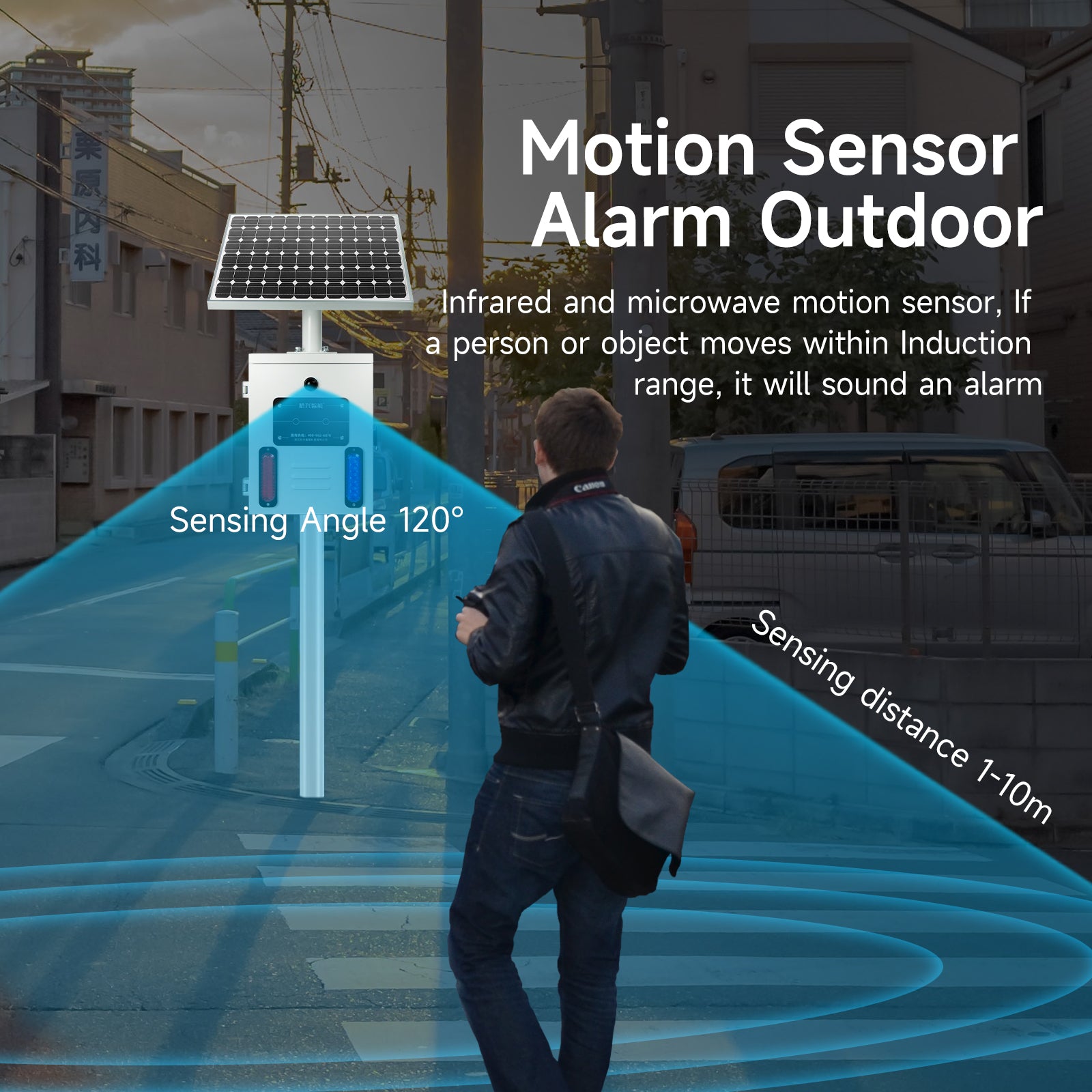 YASONG SLA-TYN01 120dB Solar Motion Sensor Industrial Alarm Siren, Red Blue Strobe, IP65, 17 Tones
