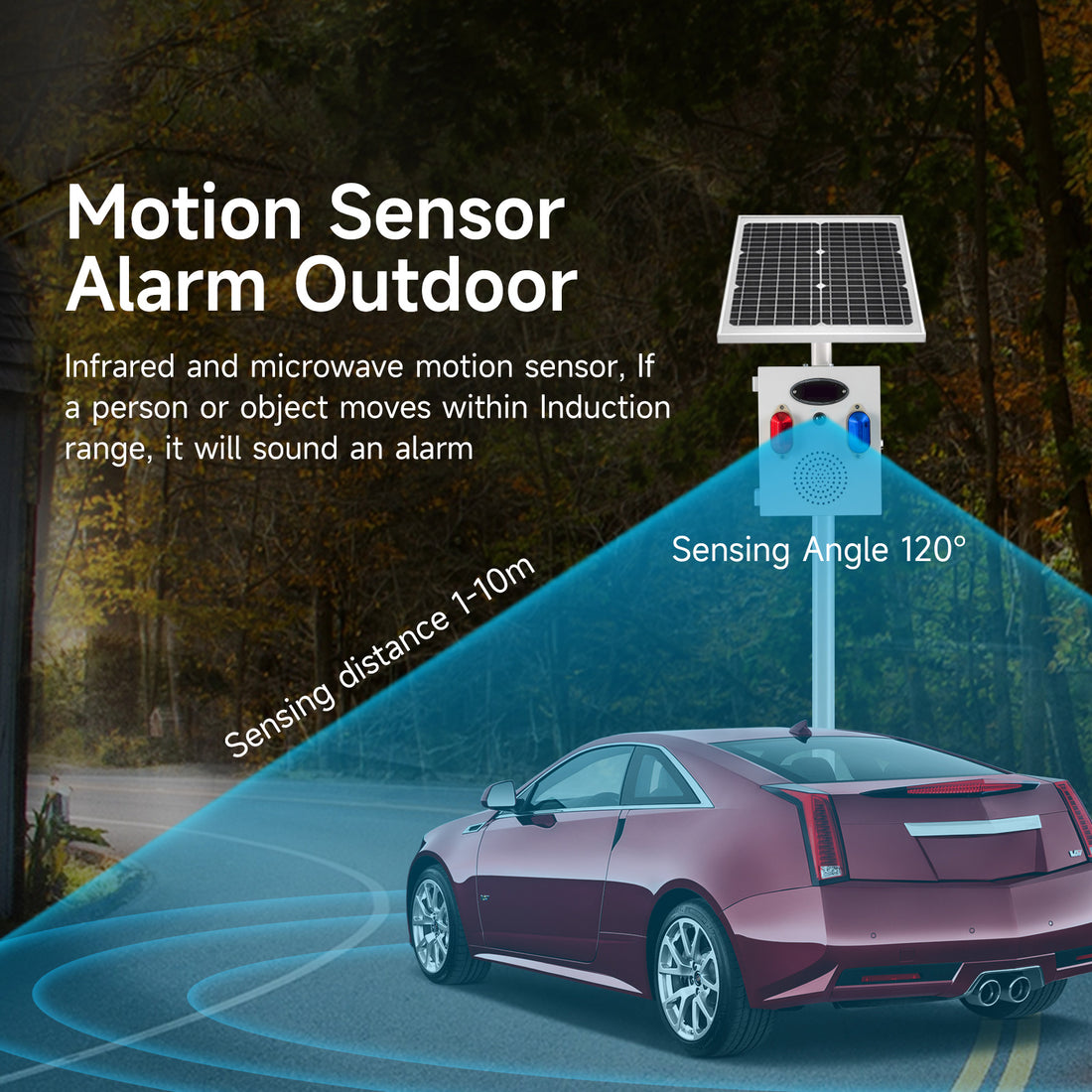 YASONG SLA-TYN02 120dB Solar Motion Sensor Industrial Alarm Siren, Red Blue Strobe, IP65, USB Sound Upload