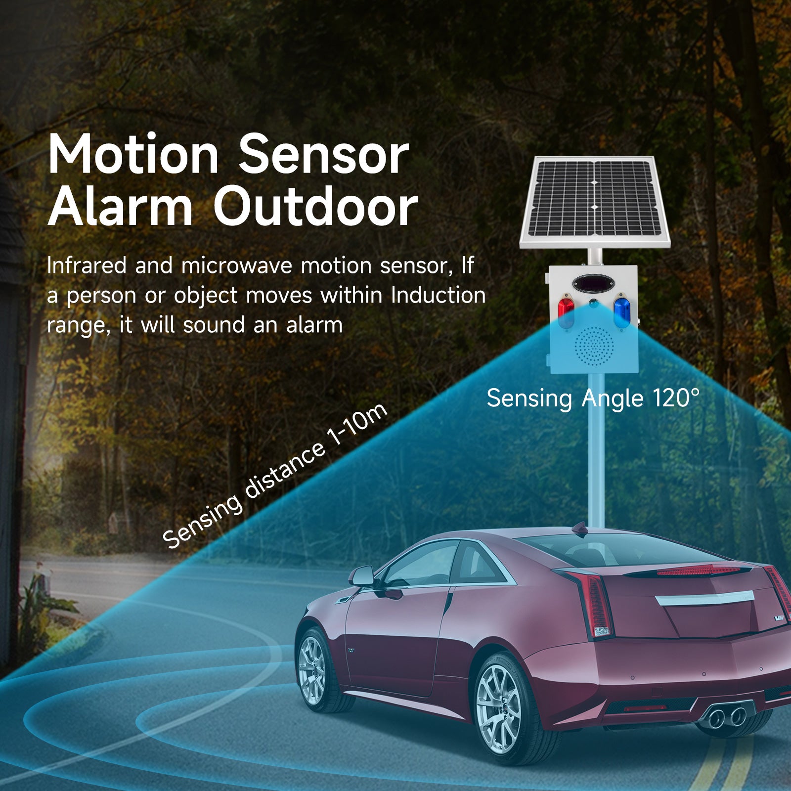 YASONG SLA-TYN02 120dB Solar Motion Sensor Industrial Alarm Siren, Red Blue Strobe, IP65, USB Sound Upload