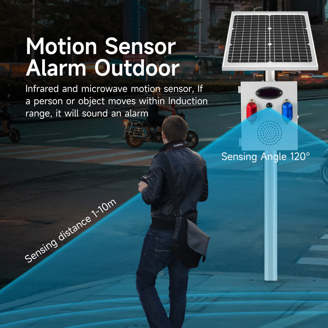 YASONG SLA-TYN02 120dB Solar Motion Sensor Industrial Alarm Siren, Red Blue Strobe, IP65, USB Sound Upload