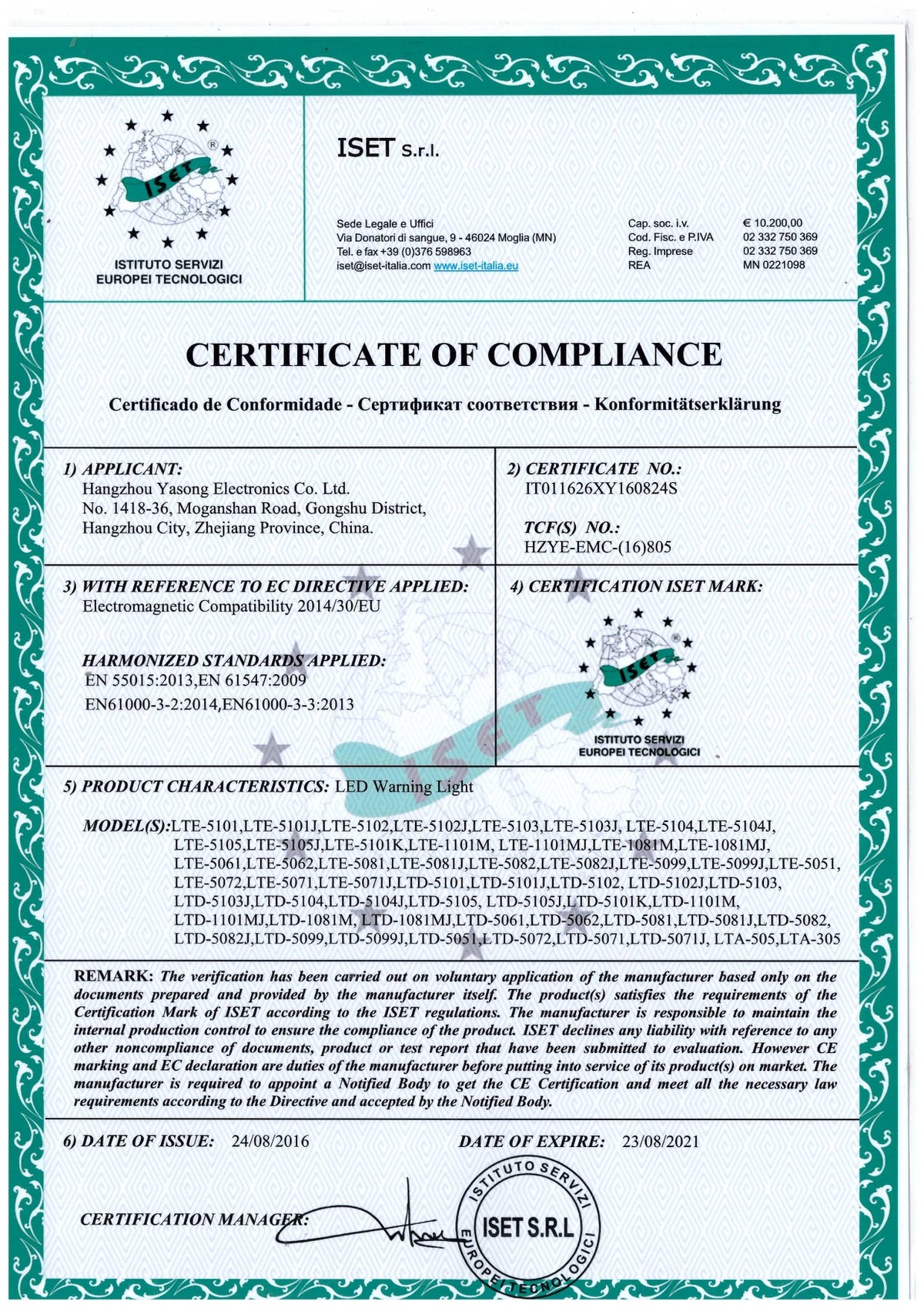 EMC Certificate of Compliance