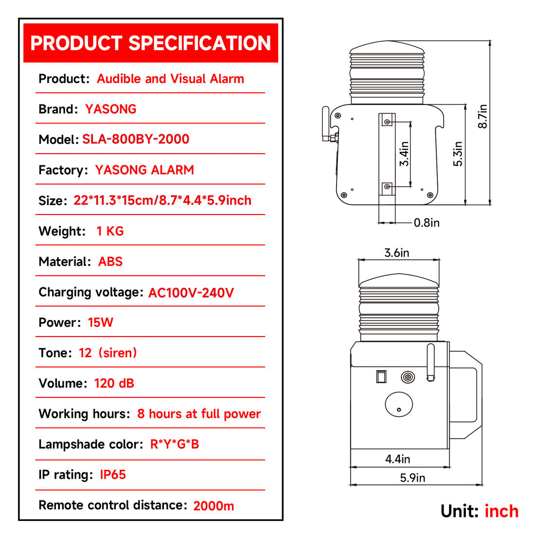 YASONG_SLA-800BY_Portable_Remote_Control_Industrial_Alarm_Siren_specification