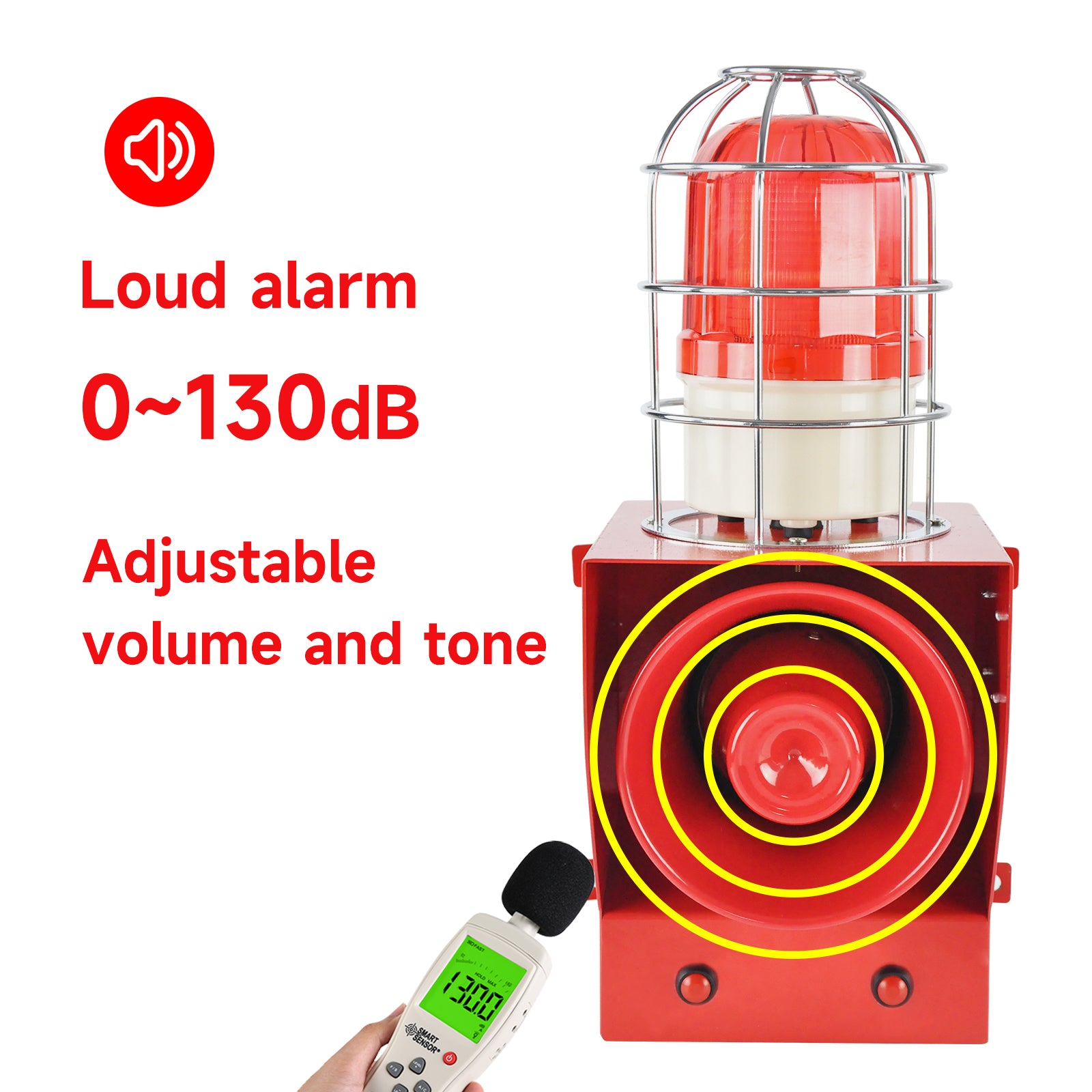 YASONG SLA-05C 130dB High Power Industrial Alarm Siren, Metal Guard, 45W, 12 Tones, IP65, LED Strobe