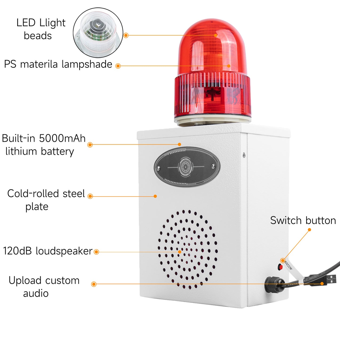 Rechargeable Alarm Siren with 5000mAh 120dB Loud Horn  LED Strobe light Waterproof Outdoor Emergency Securty Siren SLA-B02B