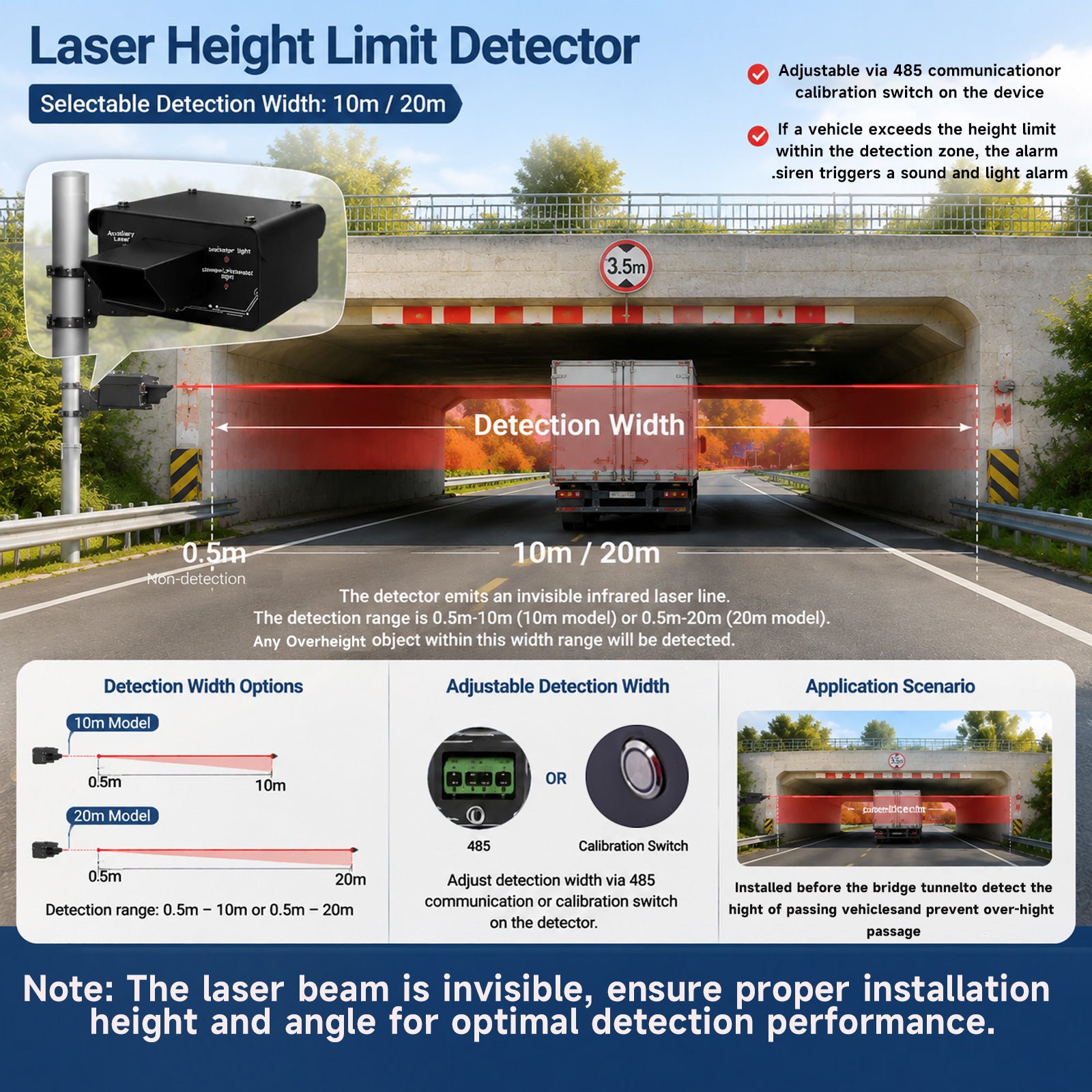 Sistem Deteksi Ketinggian Kendaraan Laser YASONG SLA-PT8020, Jangkauan 10m/20m, Kalibrasi Otomatis, Alarm 120dB, IPX5/IP65