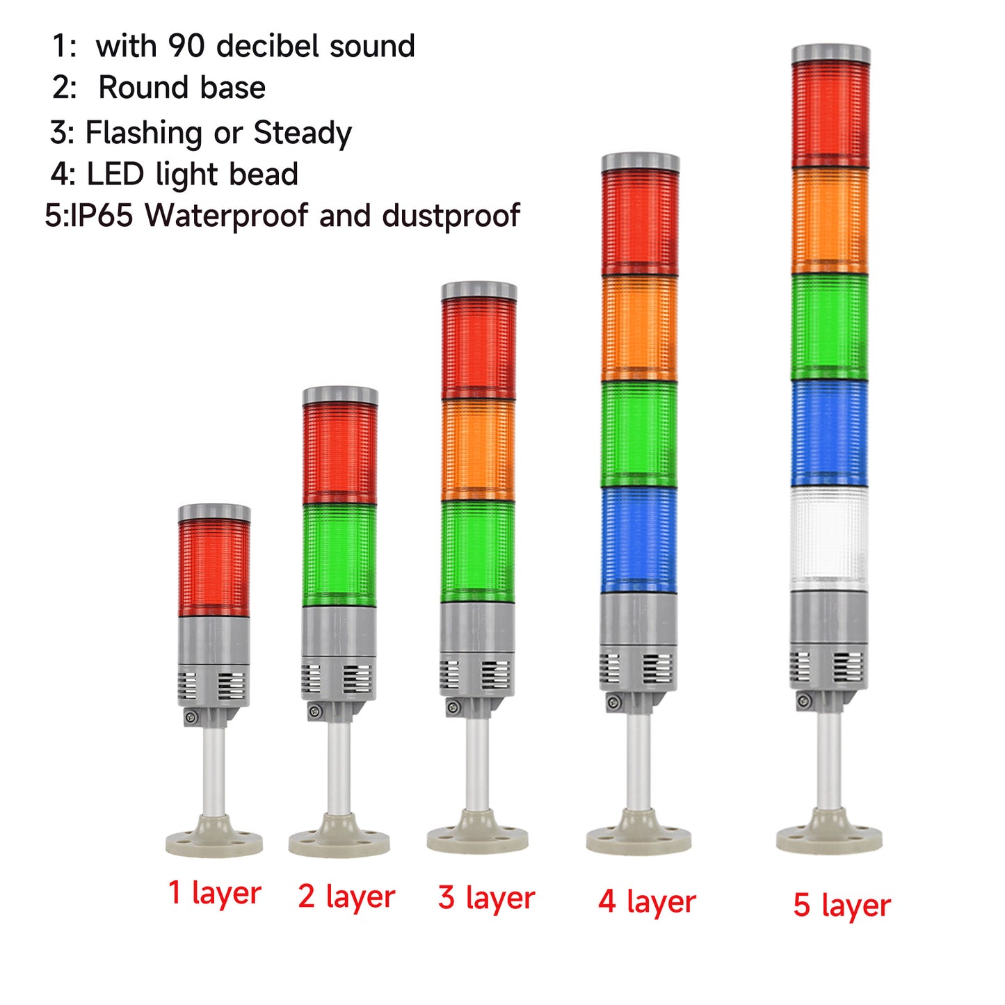 Tower Light IP65 Waterproof Multilayers Stack Warning Lights with Sound, 4 Types of Base, Flashing Light  For Machine LTA-052WJ