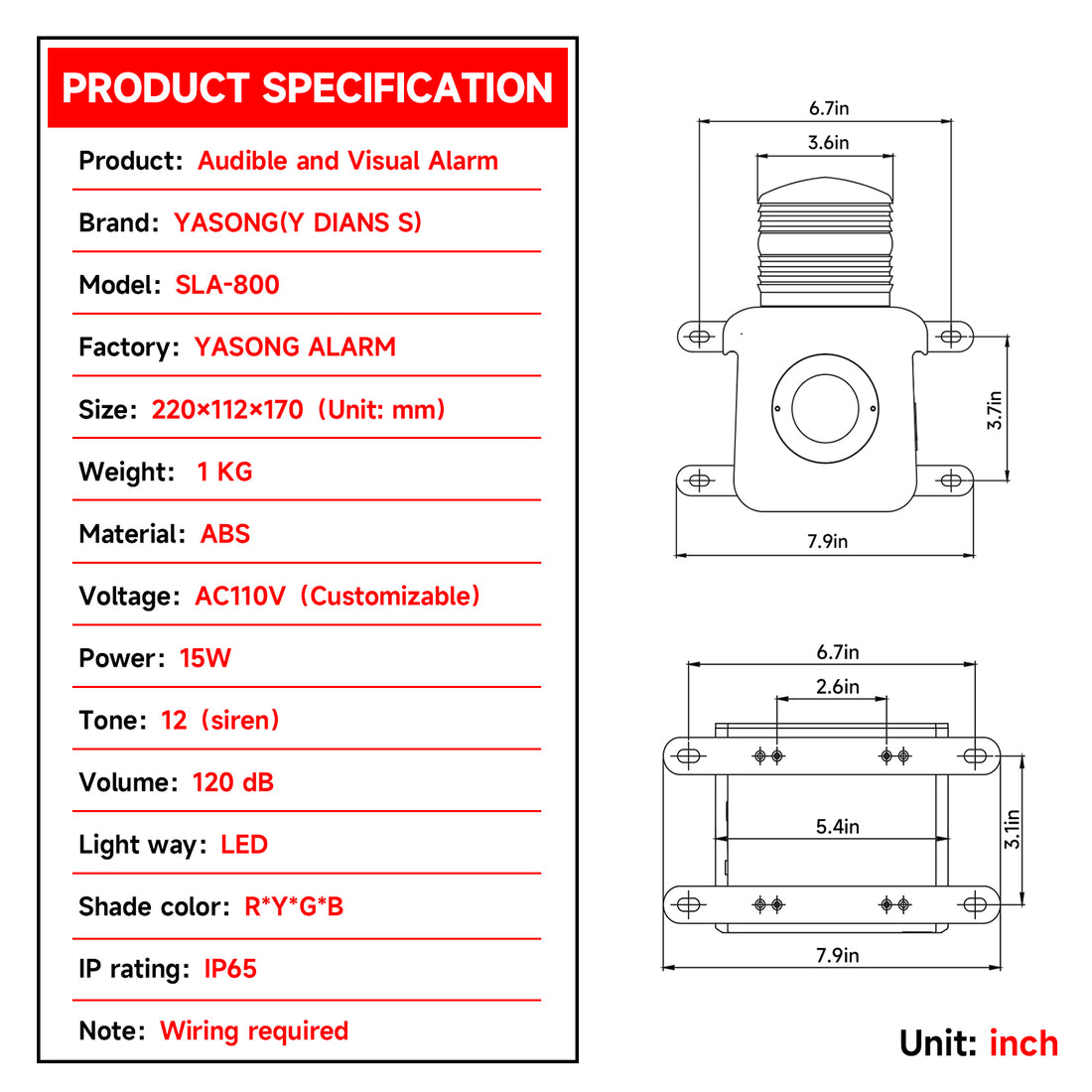 YASONG SLA-800 120dB Adjustable Industrial Alarm Siren, 15W, Multi-Tone, IP65, LED Strobe, USB Upload