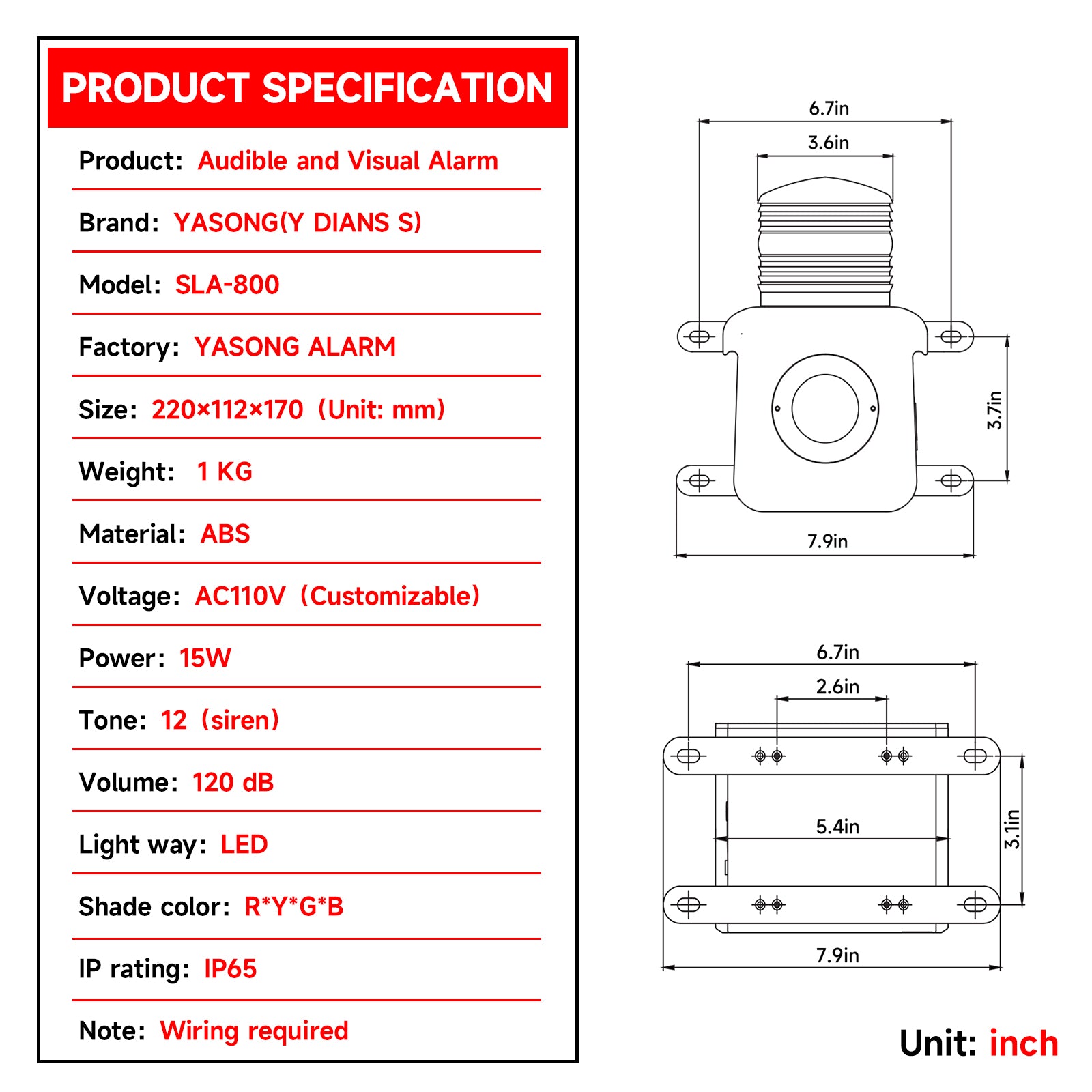 YASONG SLA-800 120dB Adjustable Industrial Alarm Siren, 15W, Multi-Tone, IP65, LED Strobe, USB Upload