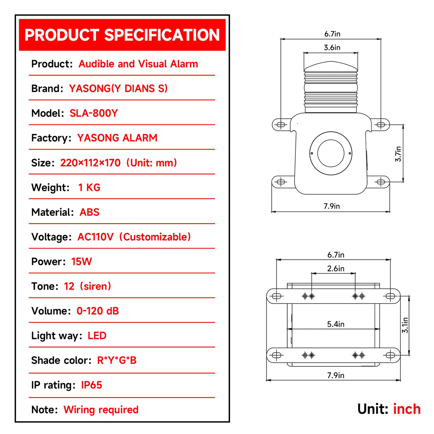 YASONG 2000m Wireless Remote Control Siren Alarm LED Strobe  Light 120dB Horn Power 15W 4 Remote Controls 6 Sirens for Loss Prevetion, Warehouse, Factories SLA-800Y