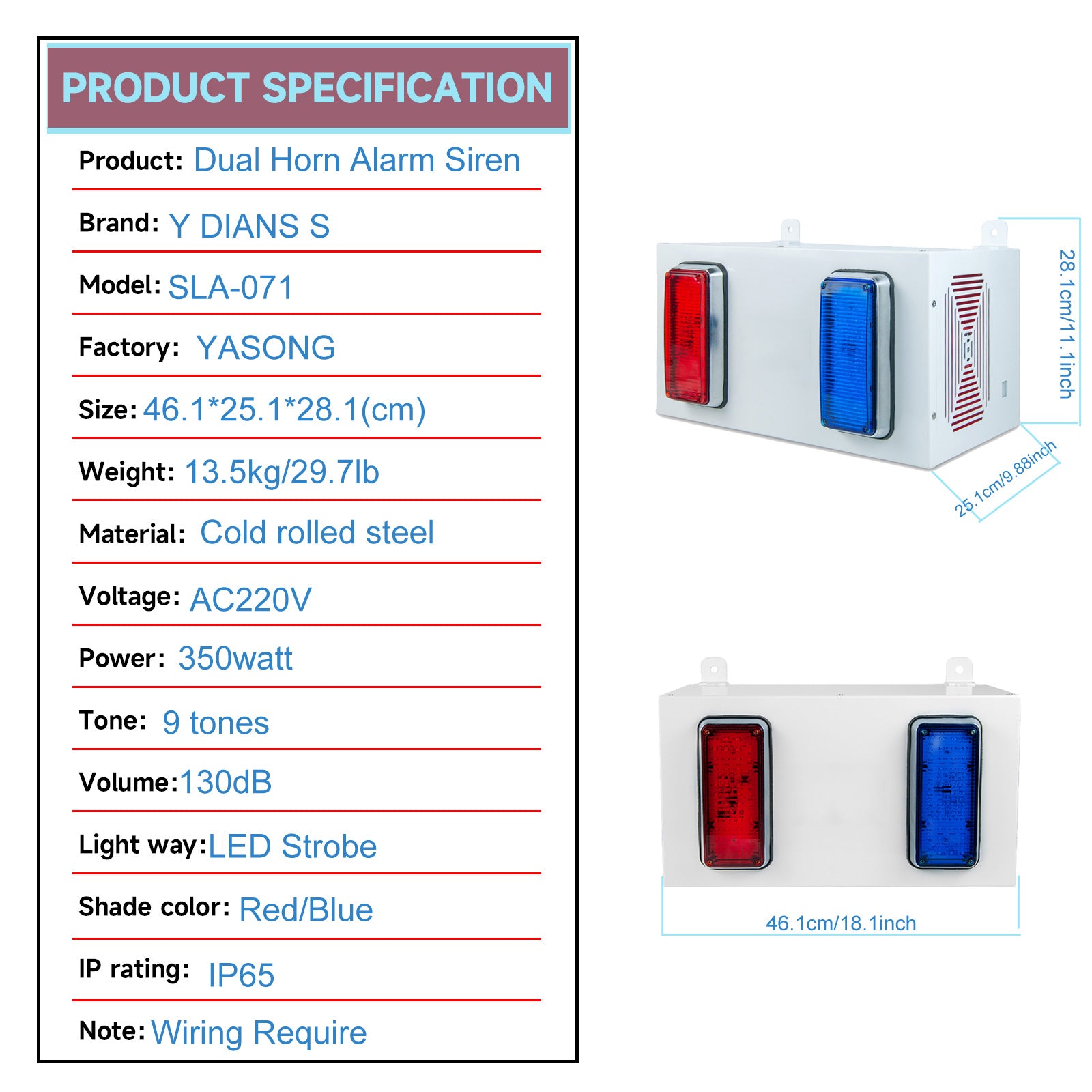 YASONG SLA-O71S 130dB 350W Dual Horn Alarm Siren, 300m Range, Adjustable Tones, IP65, USB Upload, LED Strobe