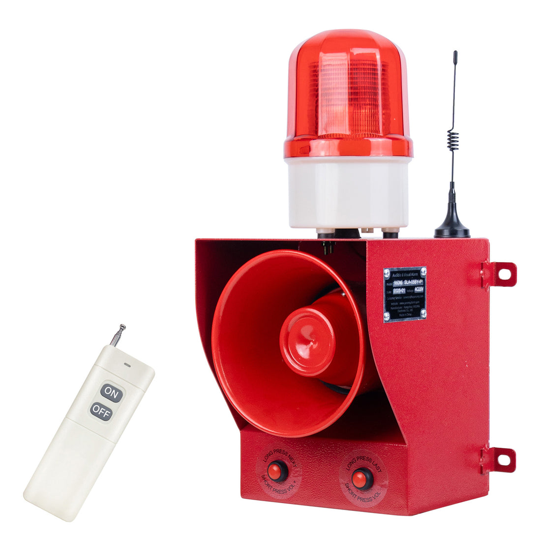 YASONG SLA-05BY-P 130dB Wireless Outdoor Alarm Siren, 1.24 Mile Remote, 5Ah Backup Battery, USB Custom Voice, IP65