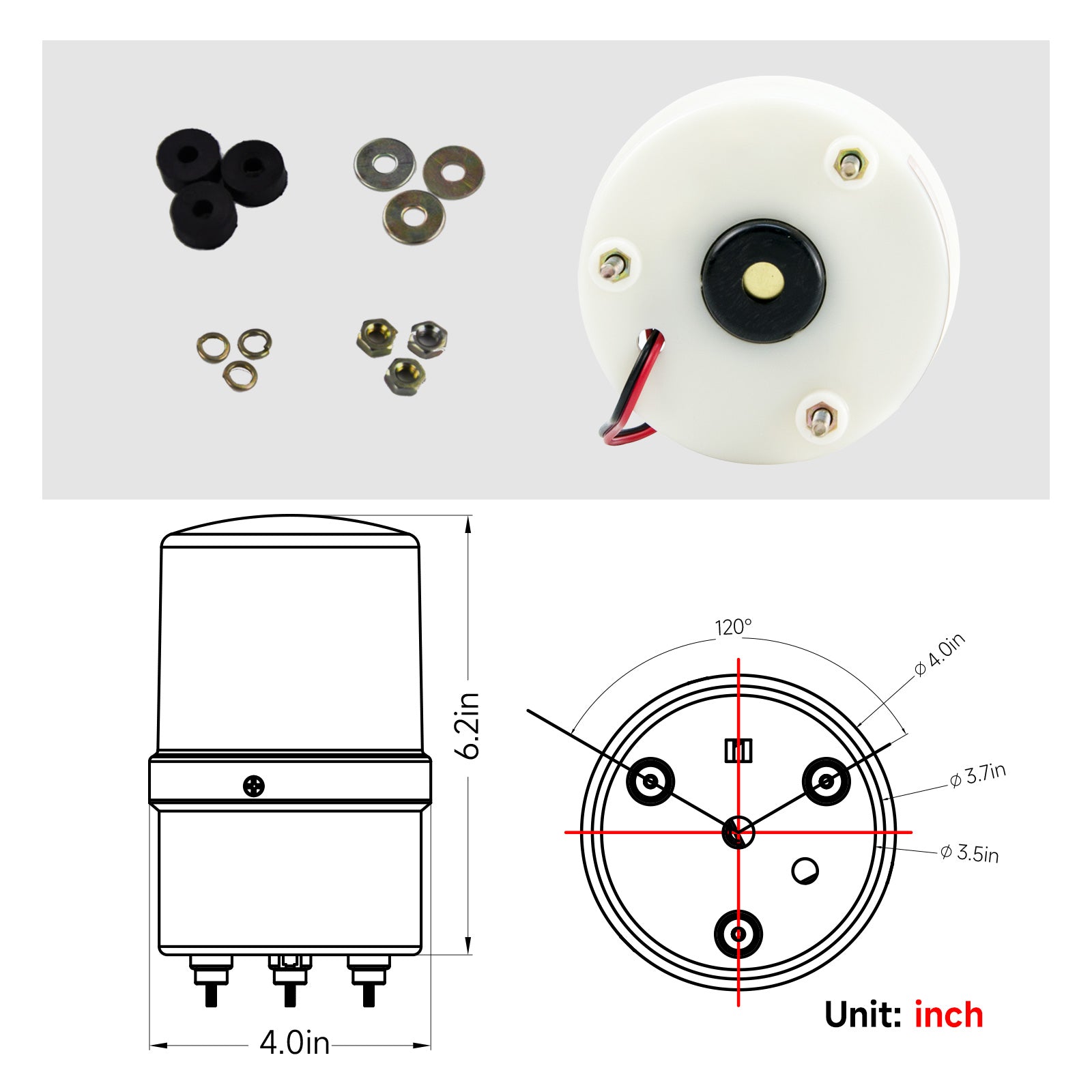 YASONG LTE-1101MJ Revolving LED Beacon Warning Light, 90dB Buzzer, IP44, 3W, Screw Mount