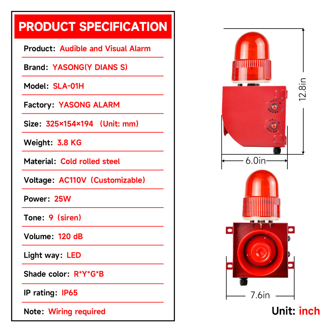 YASONG SLA-01H 120dB Adjustable Industrial Alarm Siren, 25W, 9 Tones, USB Upload, IP65, LED Strobe