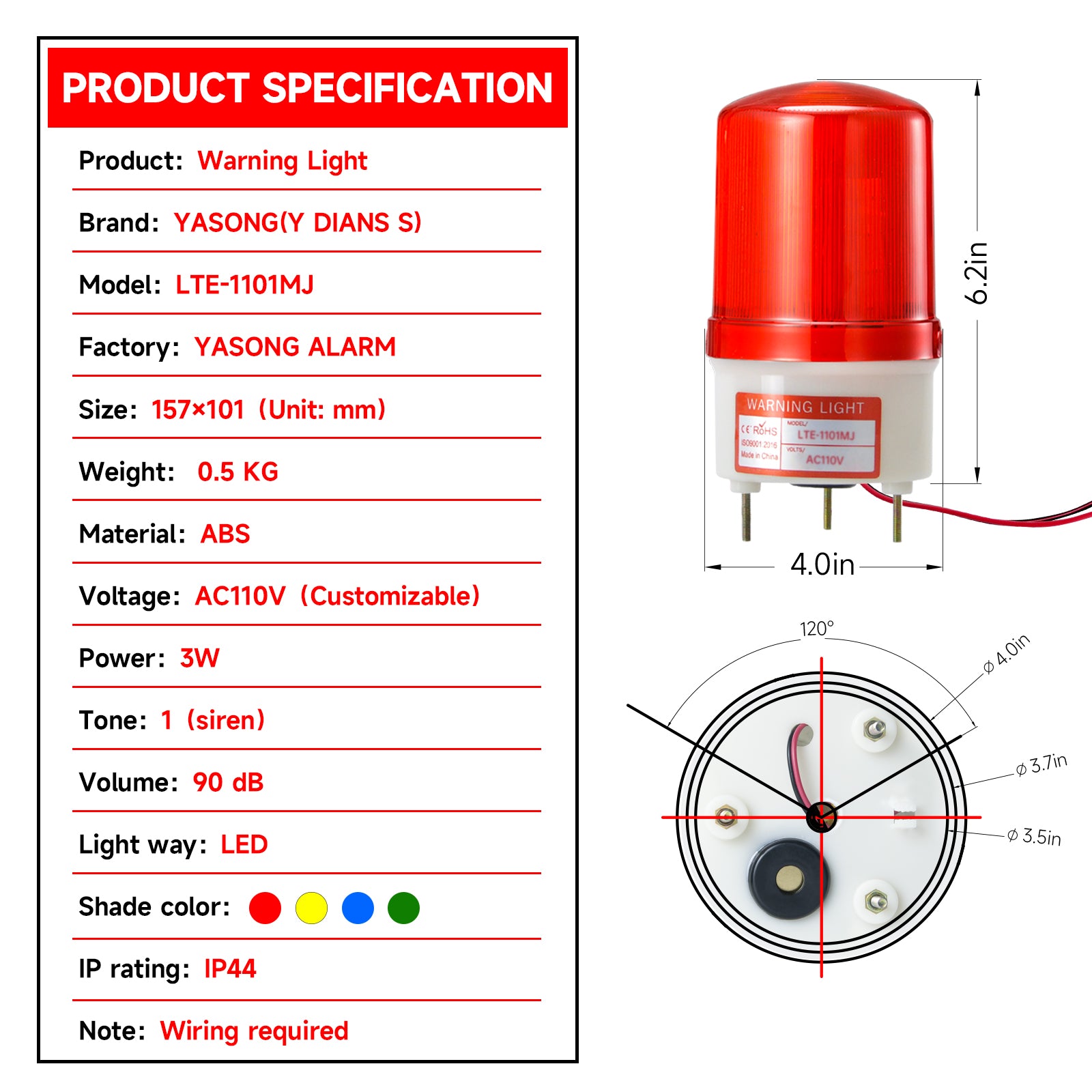 YASONG LTE-1101MJ Revolving LED Beacon Warning Light, 90dB Buzzer, IP44, 3W, Screw Mount