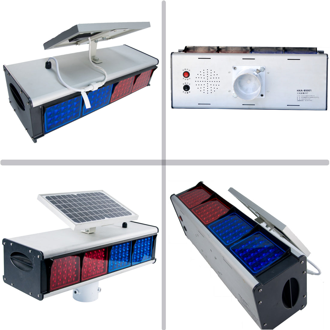 YASONG Luz estroboscópica solar con sirena de alarma IP65, luz de baliza intermitente de seguridad de tráfico de doble cara roja y azul con interruptor fotoeléctrico SLA-X01