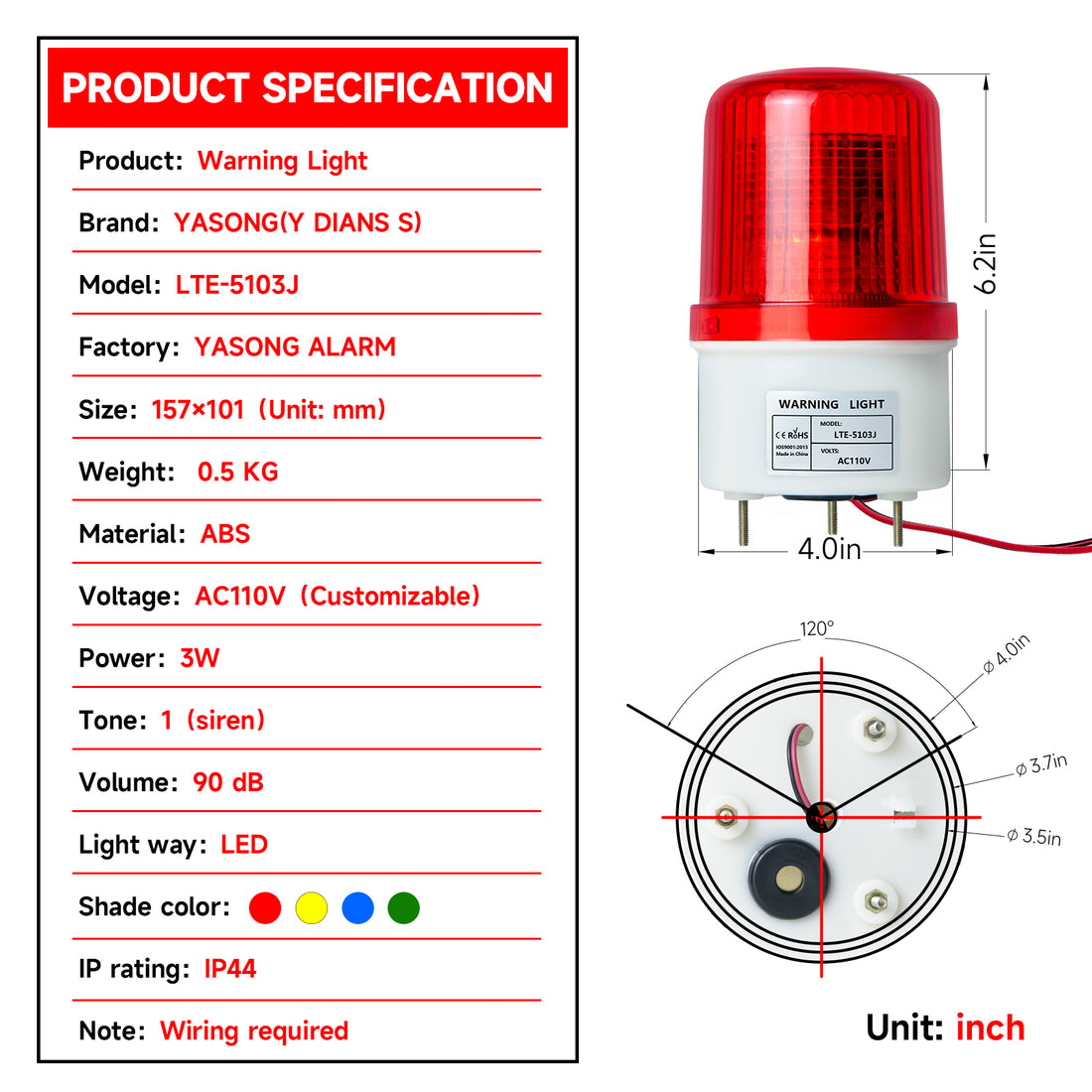 YASONG LTE-5103J LED Strobe Beacon Warning Light, 90dB Buzzer, 3W, IP44, Screw Mount, DC/AC Options