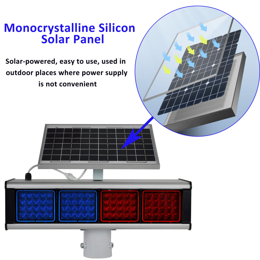 YASONG Luz estroboscópica solar con sirena de alarma IP65, luz de baliza intermitente de seguridad de tráfico de doble cara roja y azul con interruptor fotoeléctrico SLA-X01