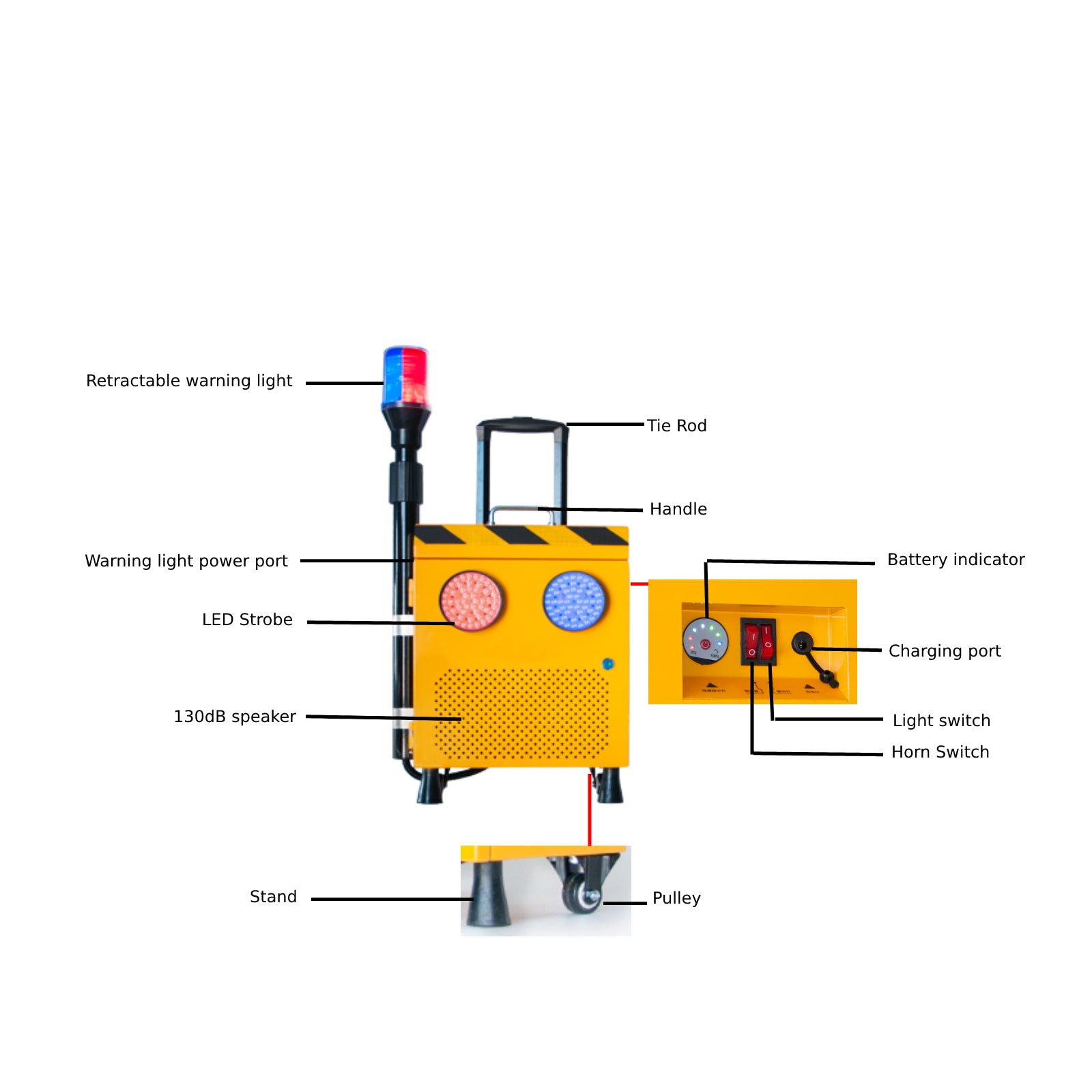 YASONG Feu de travail d'urgence portatif pour la maintenance routière, alarme et sirène - Haut-parleur 130 dB, stroboscope rouge et bleu, batterie 20 Ah - SLA-S001