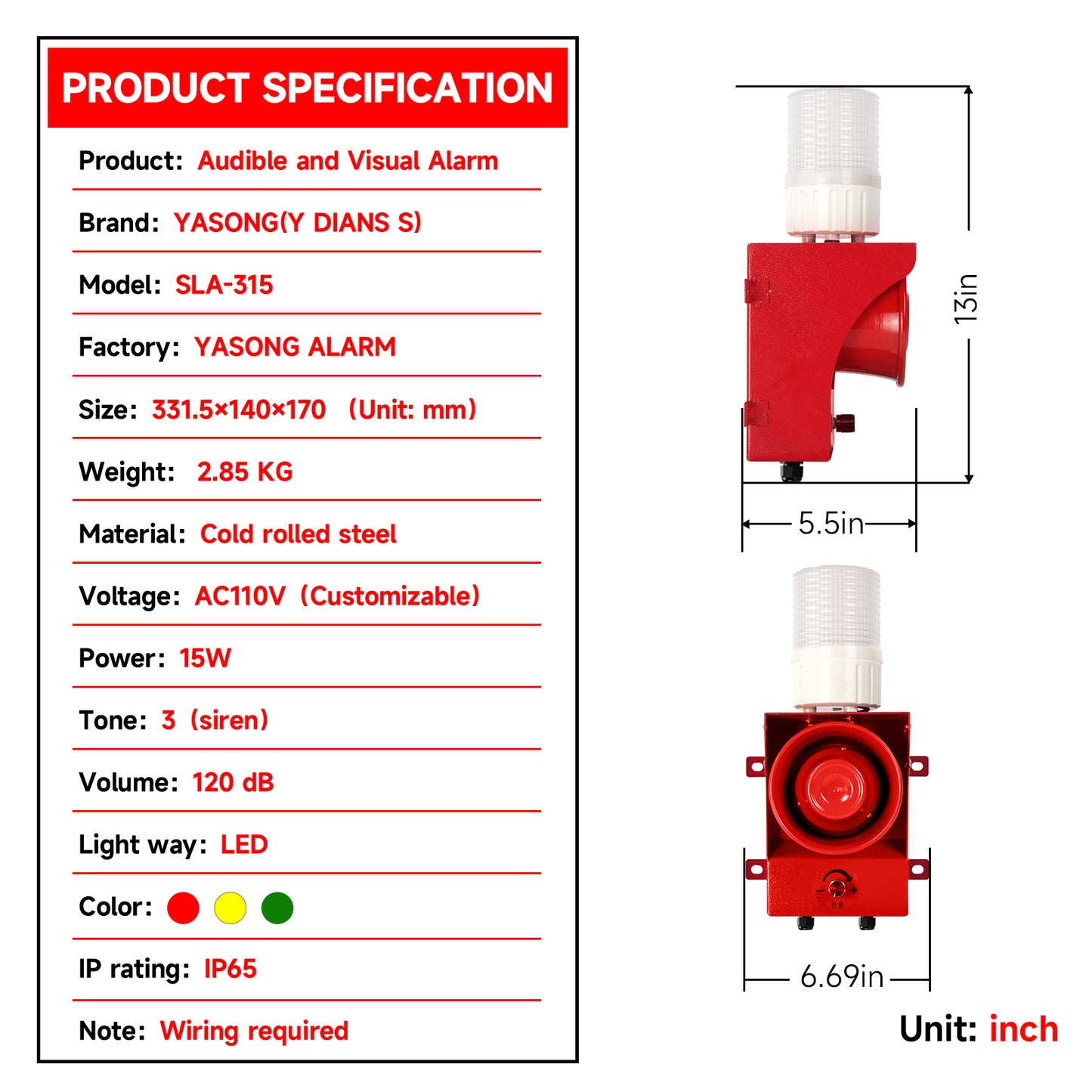 YASONG Dry Contact Signal Triggered Security Siren Waterproof 120dB Red Yellow Green Strobe Light Siren for Factory Fire stations Harbours SLA-315